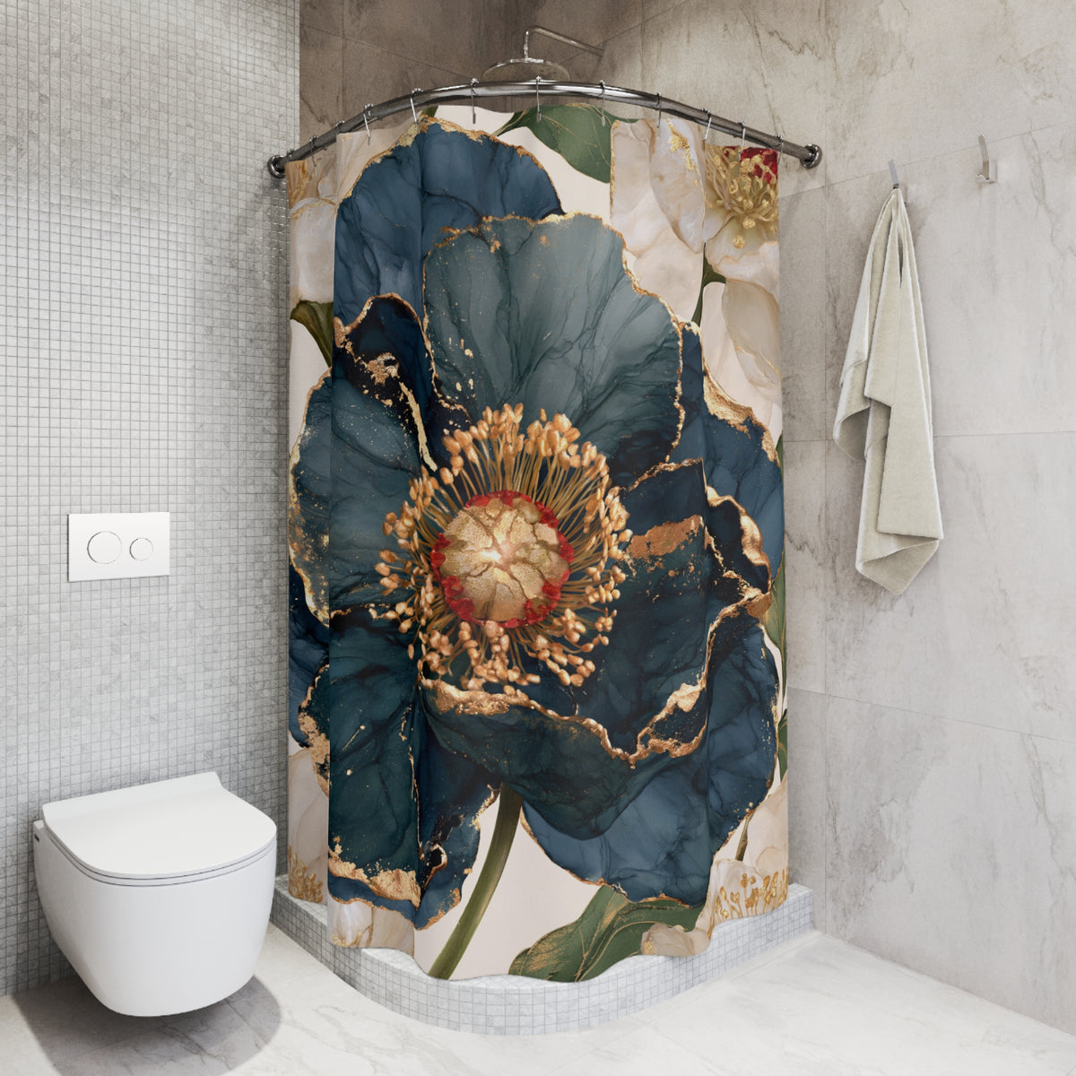 Navy Ivory Anemone Floral Shower Curtain, Bath Curtain 71x74