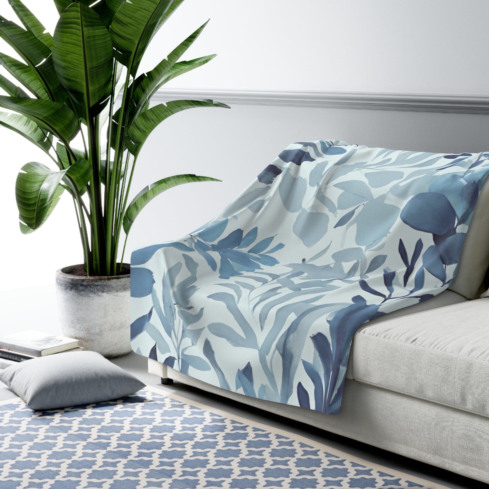 Comfy Blanket | Floral Pale Navy Blue, Eucalyptus Leaves