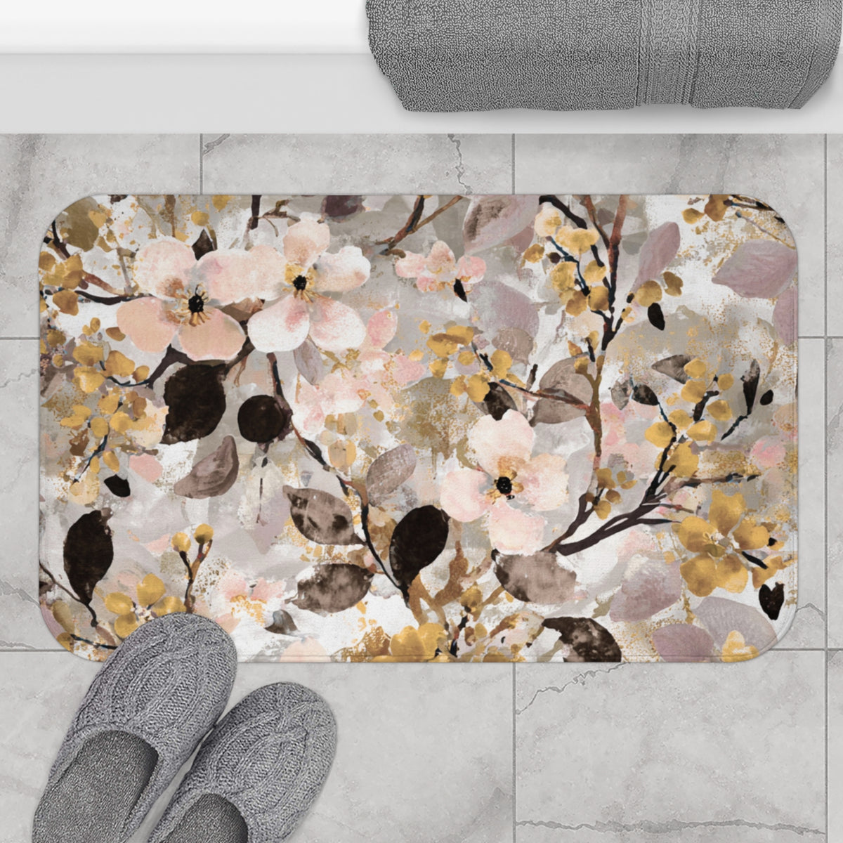 Blush Mustard Blossom Floral Bath Mat, Botanical Bathroom Rug