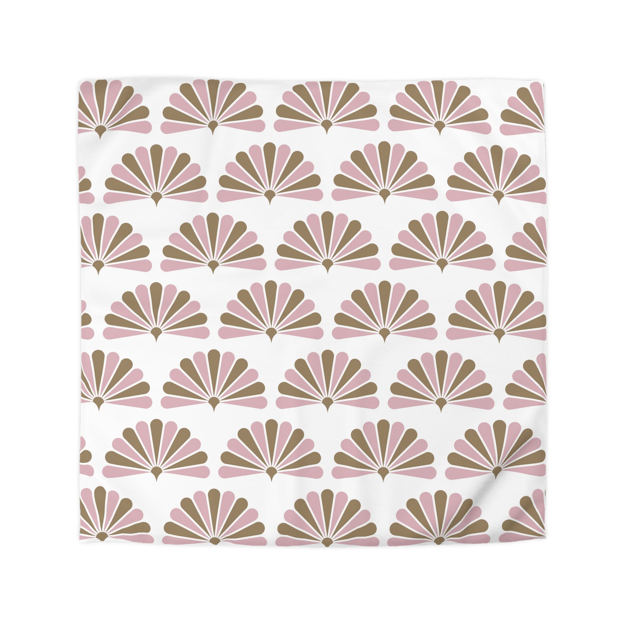 a repeating pattern of pink and brown fan-like shapes on a white background.