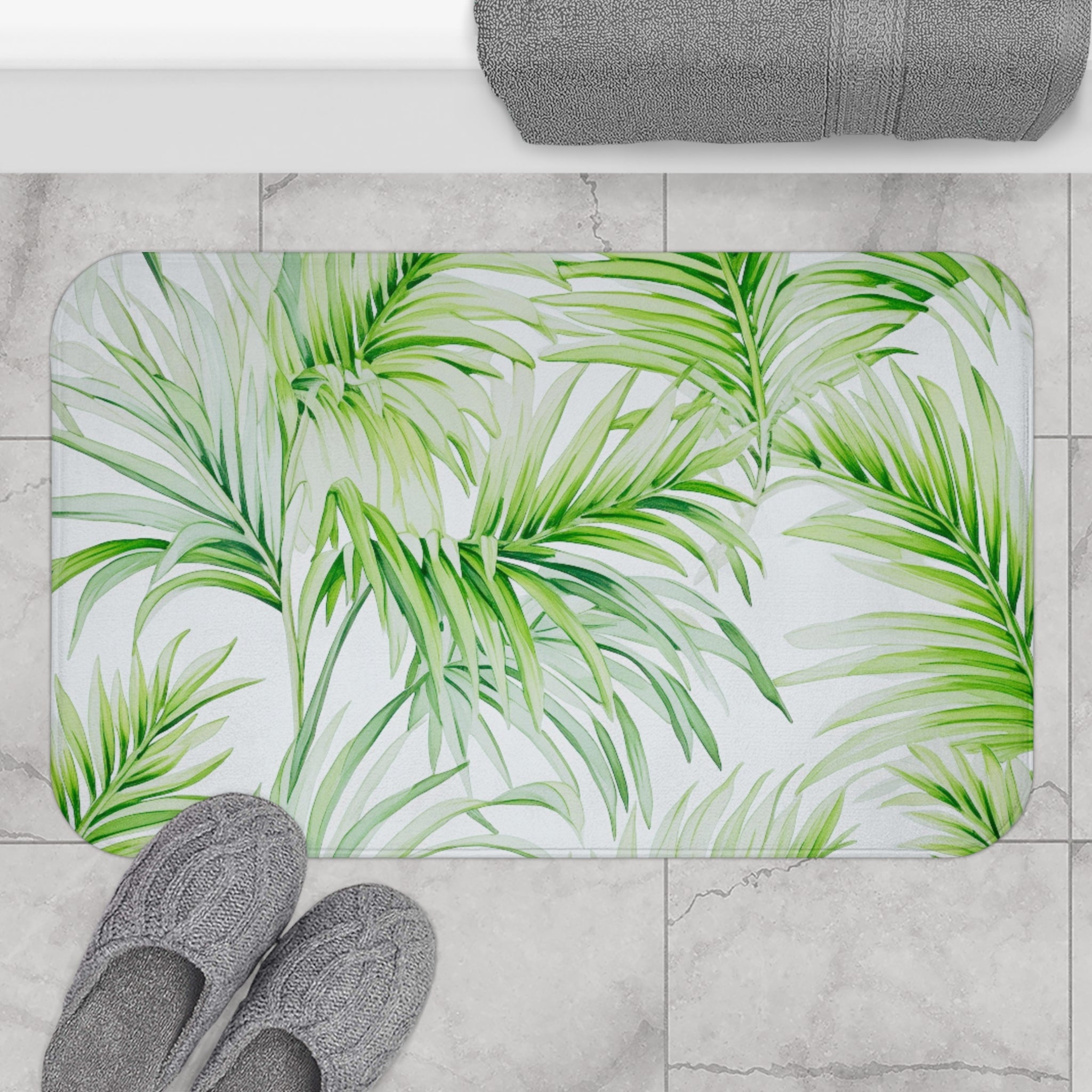 Jungle Leaves Bath Mat | Sage Green Palm, Kitchen Mat