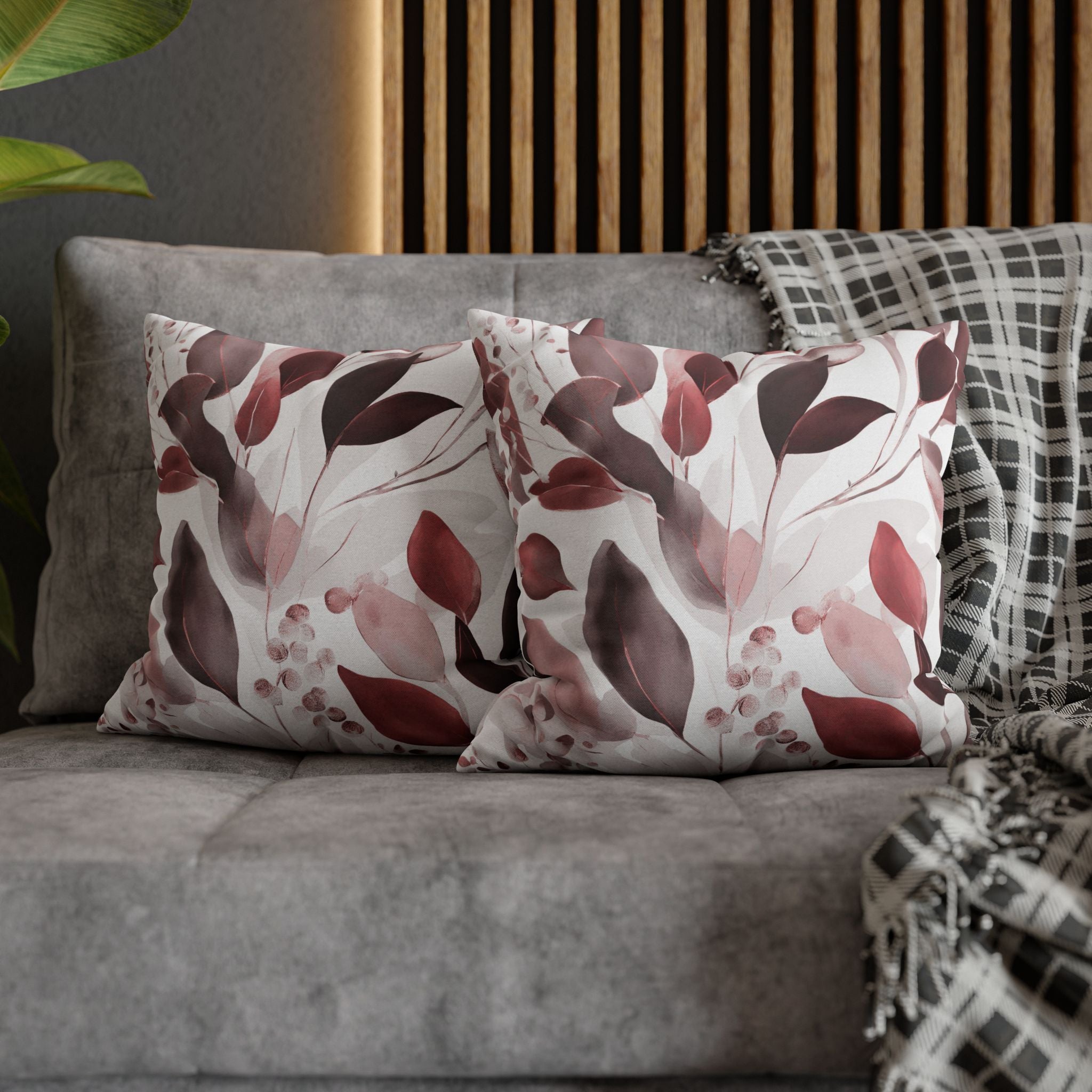 Boho Floral Throw Pillow Cover; Burgundy Red Watercolor Leaves Couch Cushion