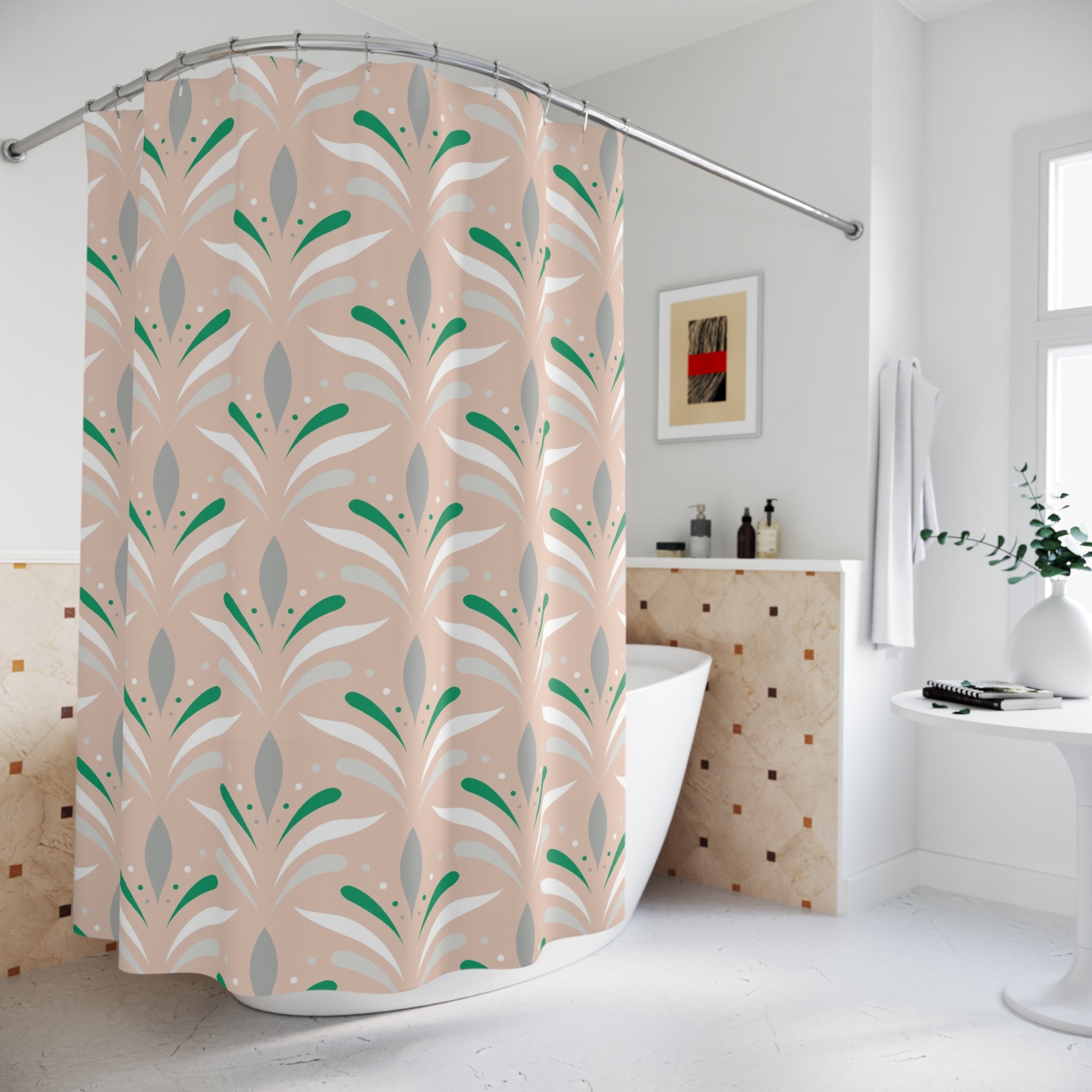 Art Deco Shower Curtain | Blush Peach, Green Grey White