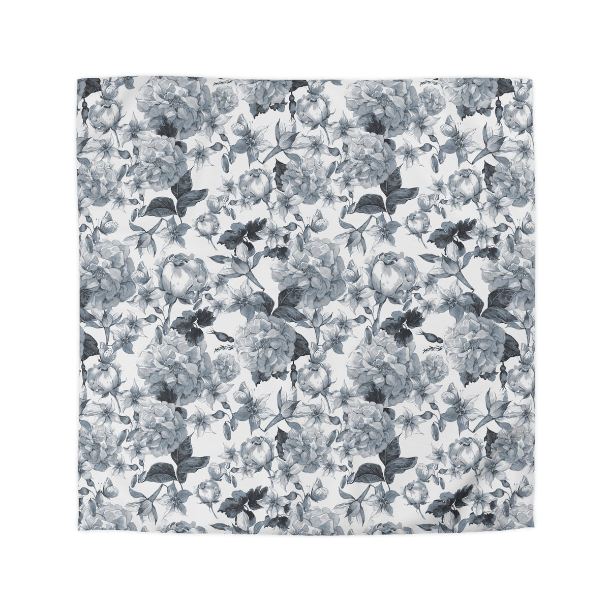 a square-shaped floral print with a repeating pattern of black and white flowers and leaves.