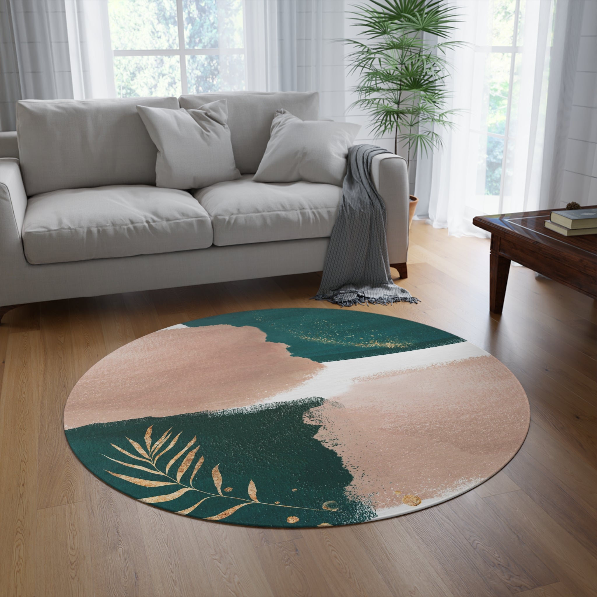 Abstract Boho Round Area Rug | Emerald Green, Beige Gold Floral