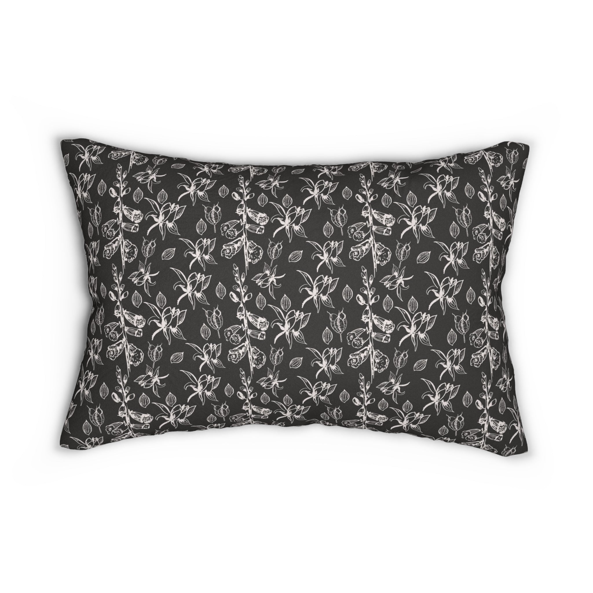 Floral Lumbar Pillow | Black White Herbal Leaves