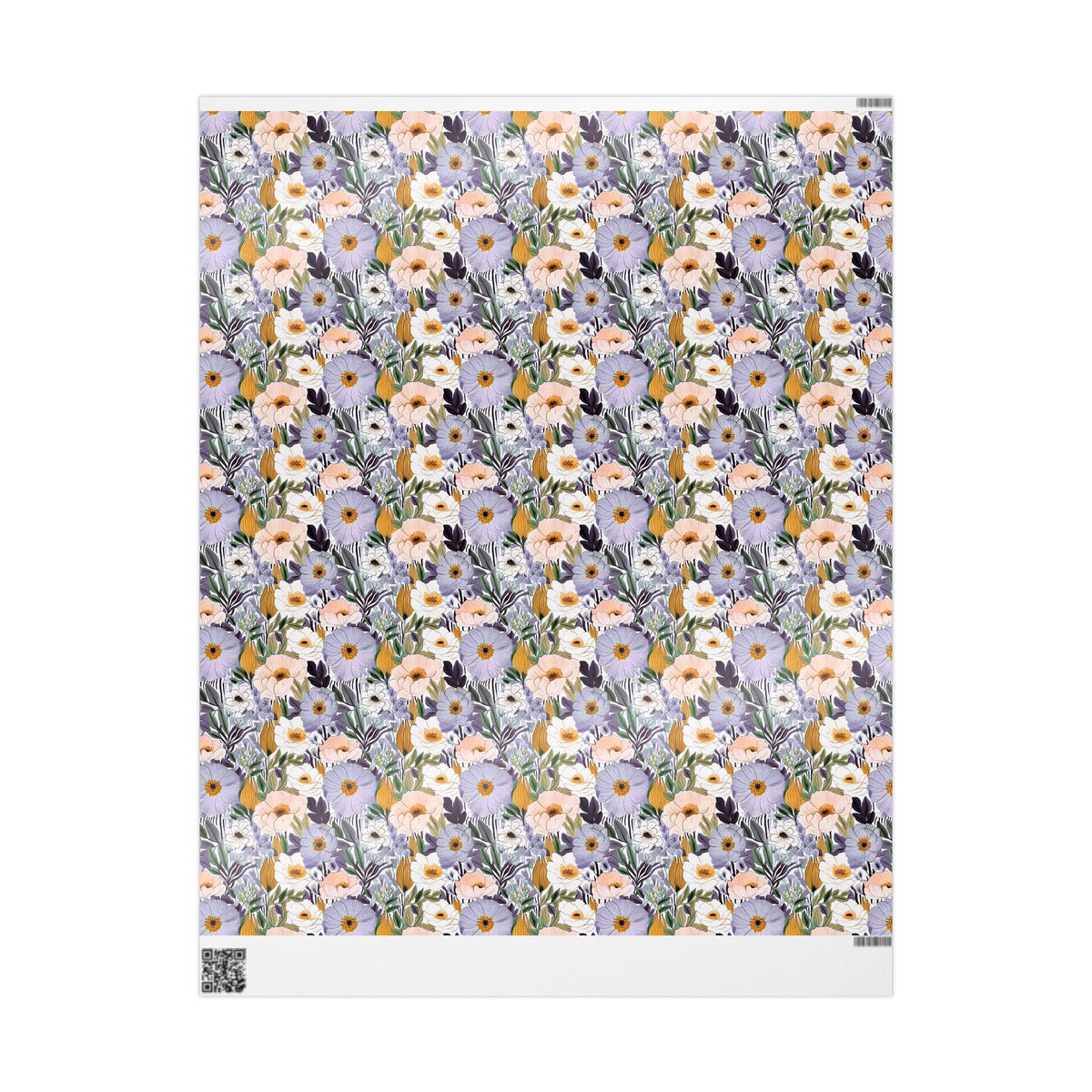 Full printed sheet of lilac and peach garden blossom wrapping paper showing the repeating pattern