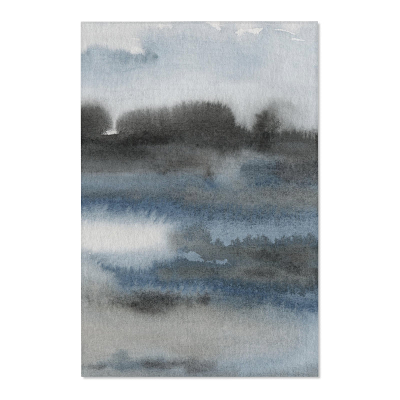 Abstract Area Rug | Navy Indigo Blue, Gray Black Ombre, Landscape