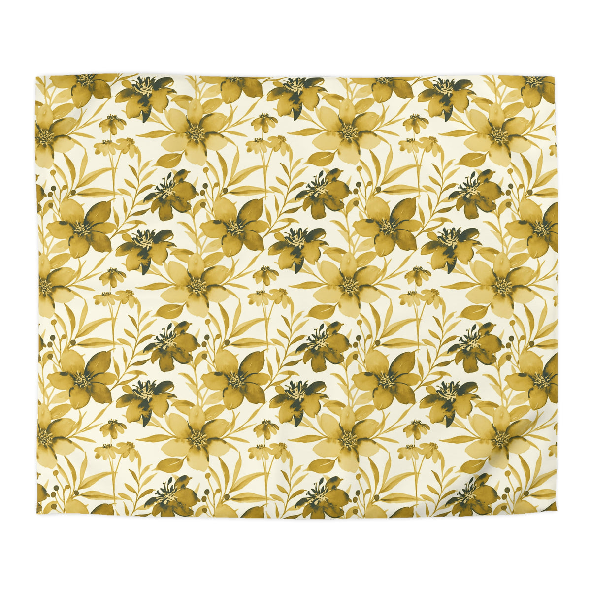 a repeating pattern of yellow flowers with green leaves on a white background.
