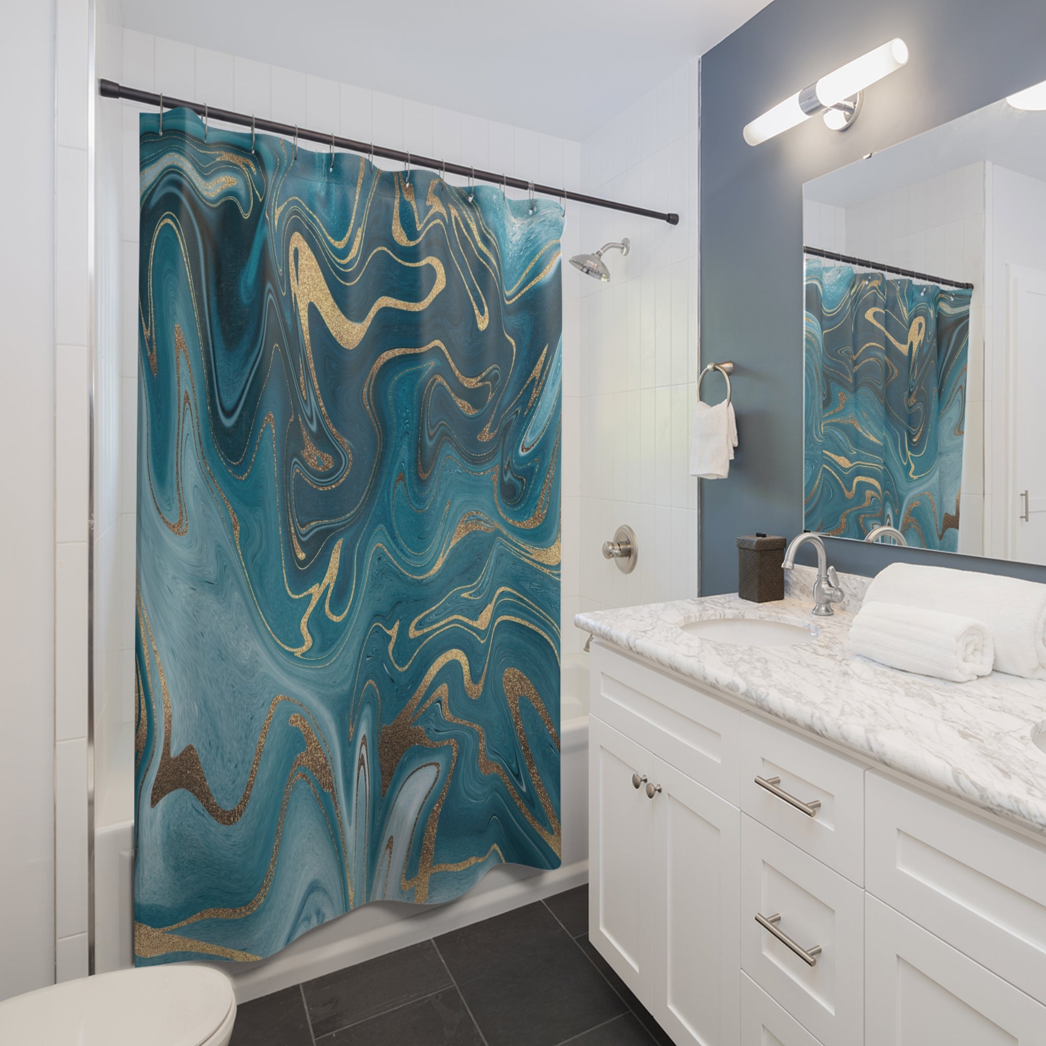 Abstract Marble Print Shower Curtain | Teal Blue Bathroom Decor