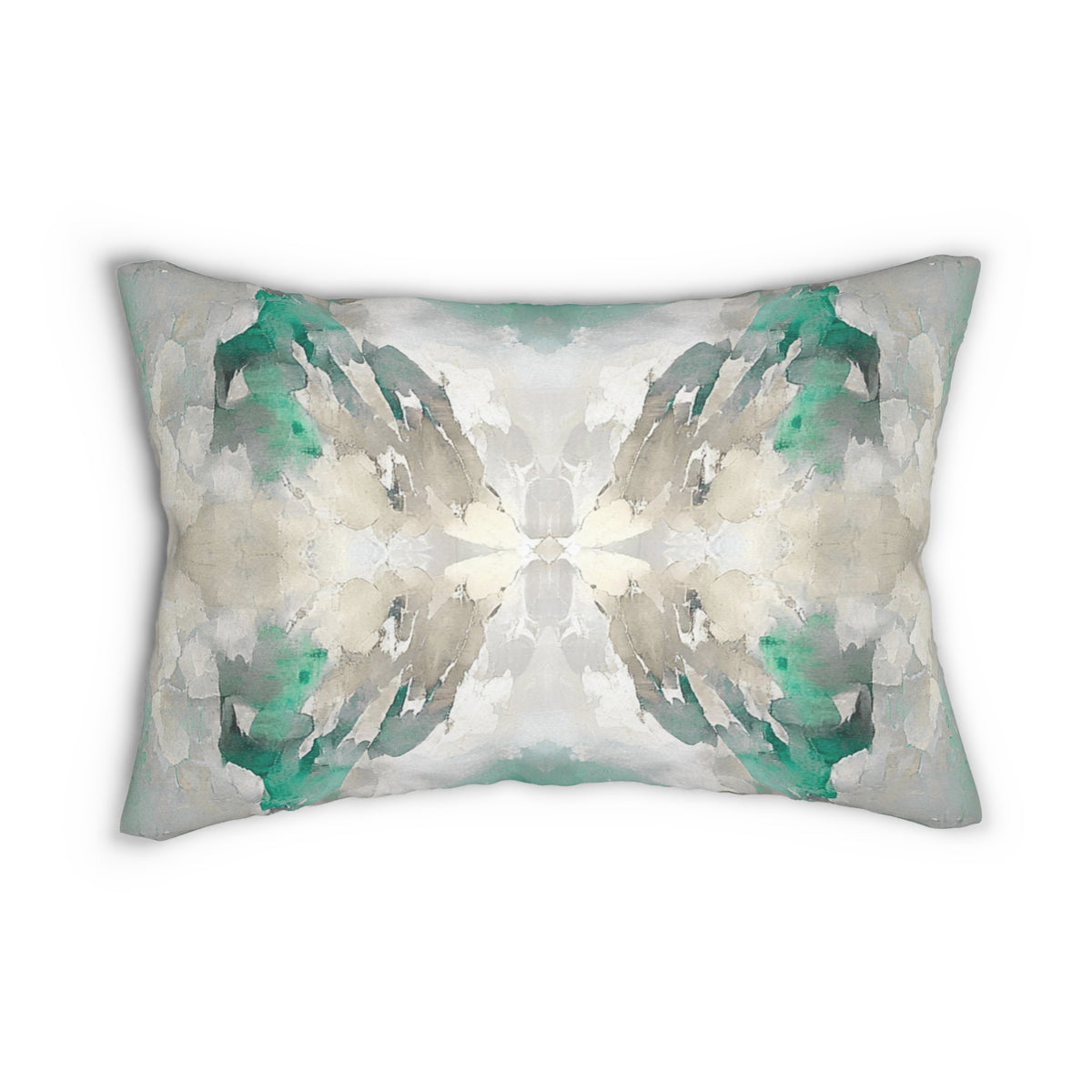 Emerald Beige Watercolor Abstract Lumbar Pillow 14x20, Boho Accent Pillow