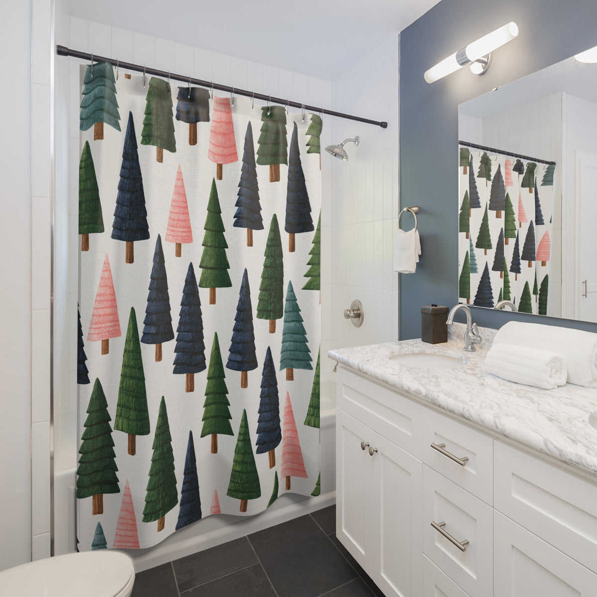 Pink Navy Christmas Tree Shower Curtain, Bath Curtain 71x74