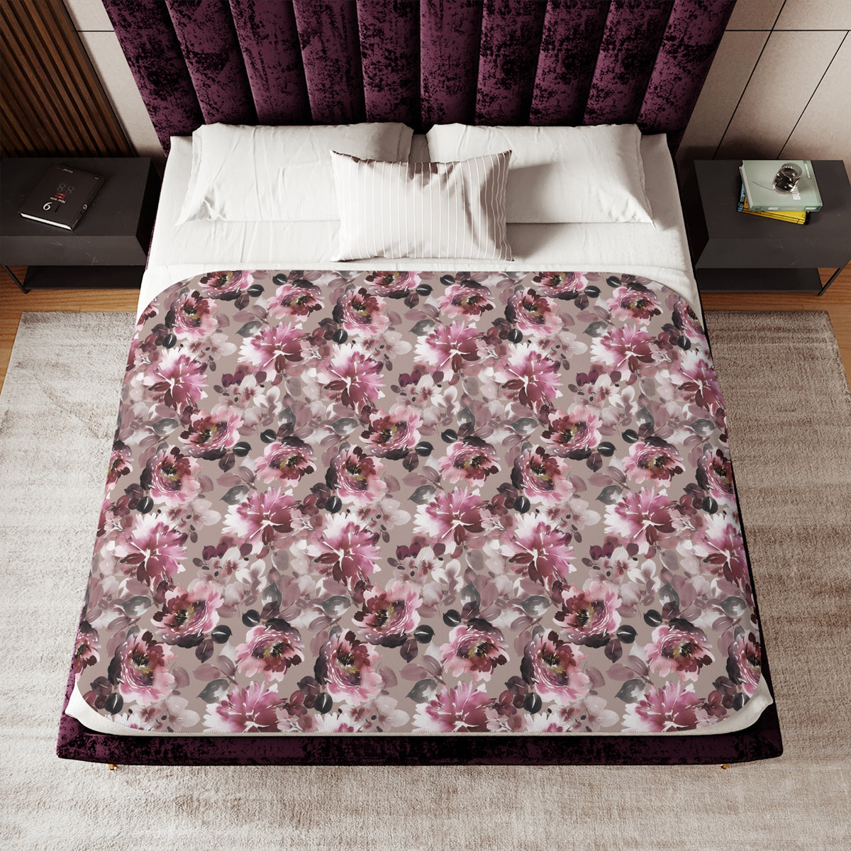 Burgundy Pink Watercolor Peony Sherpa Blanket | Moody Floral Throw