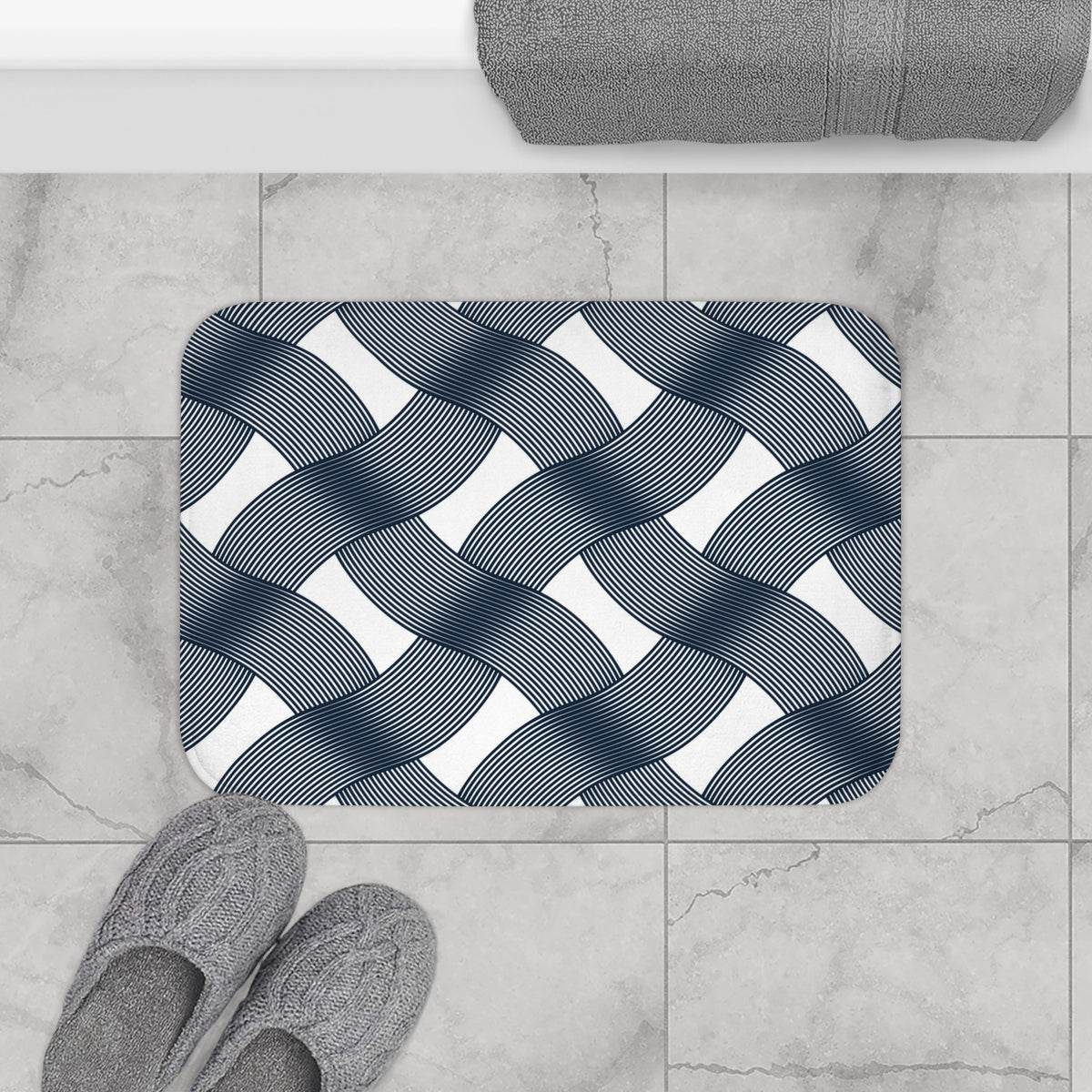 Navy White Deco Basketweave Bath Mat, Art Deco Bathroom Rug