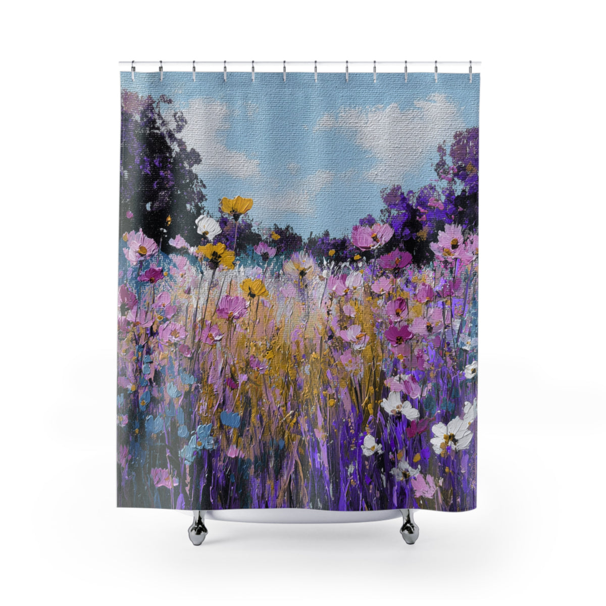 A vibrant and colorful painting of a field of flowers, with a mix of pink, purple, yellow, and white blooms against a backdrop of a blue sky with fluffy white clouds.