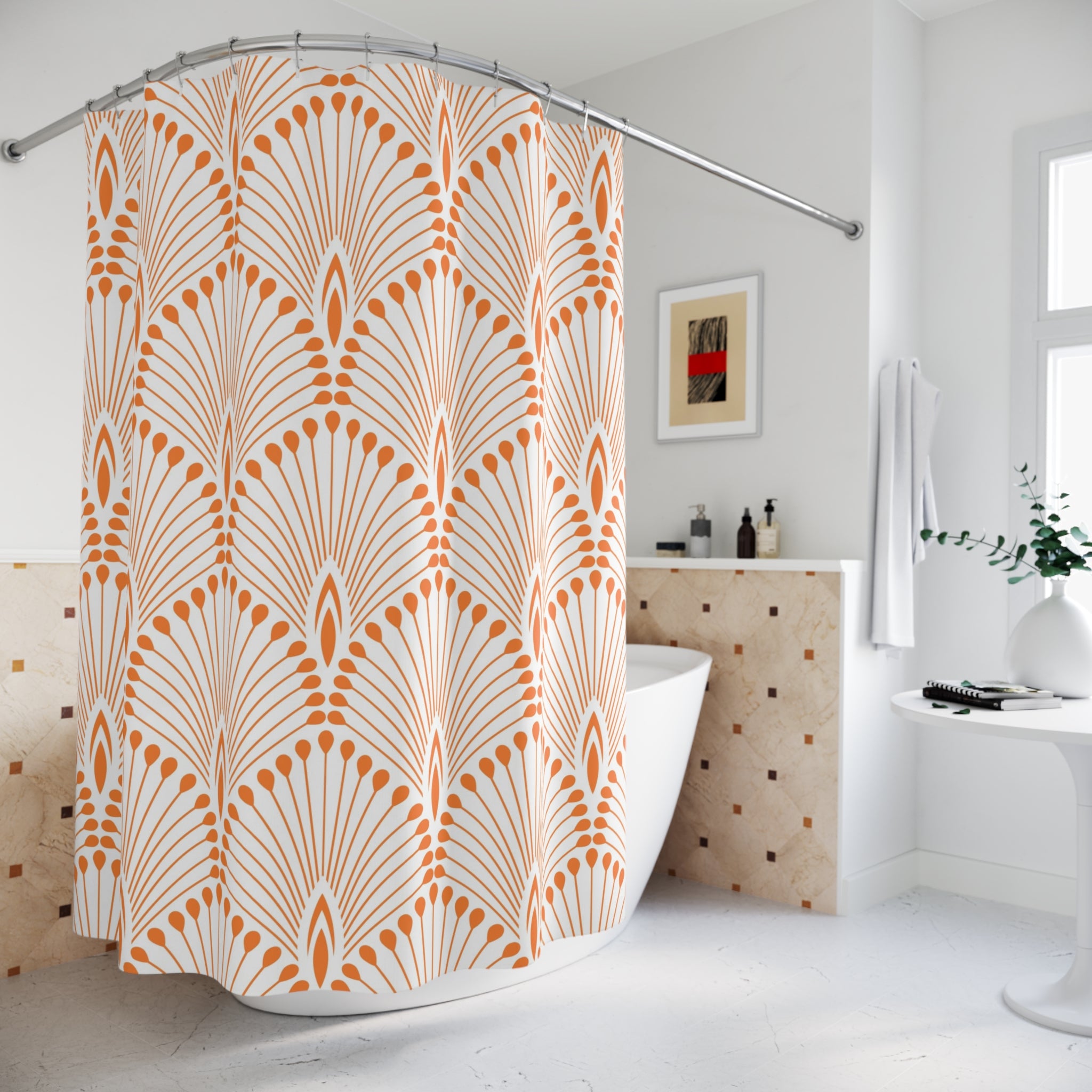 Boho Shower Curtain | Vintage Orange White Art Deco Crane