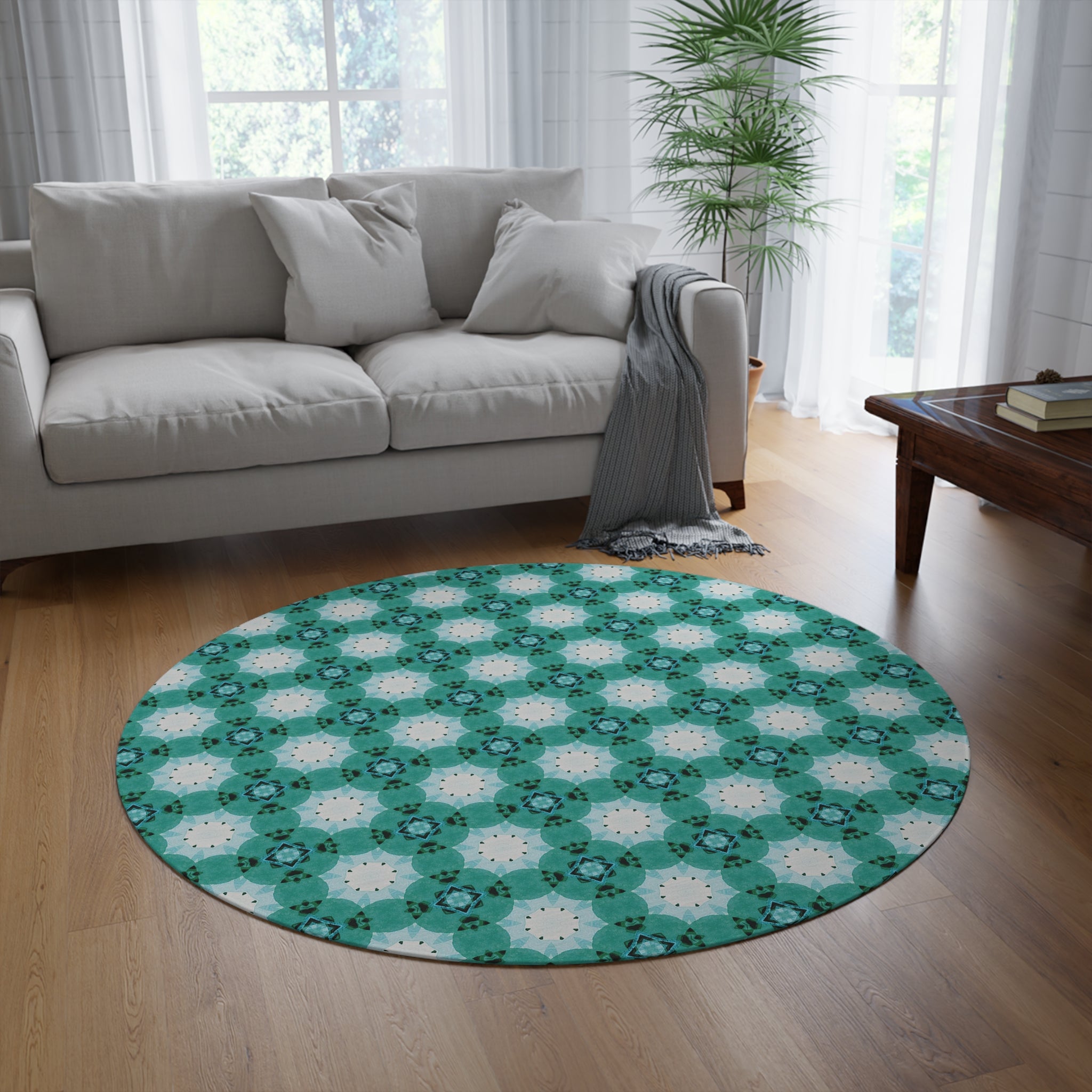 Boho Round Area Rug | Geometric Pattern Teal Green