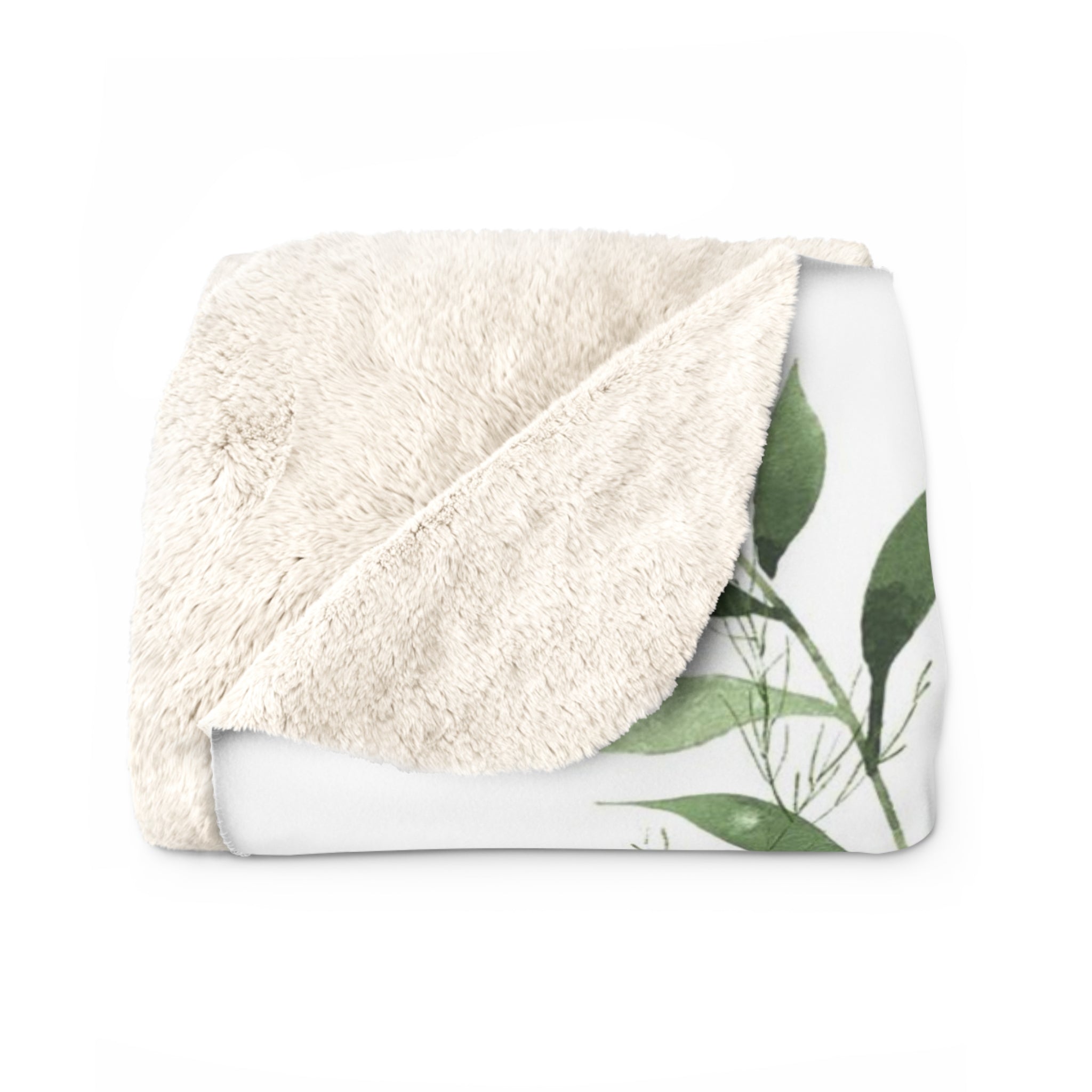 Floral Boho Comfy Blanket | White Green Leaves