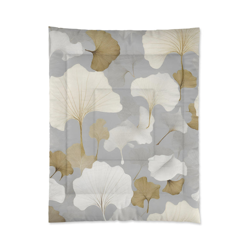 Floral Comforter | Grey, White Ivory Beige, Gingko Leaves