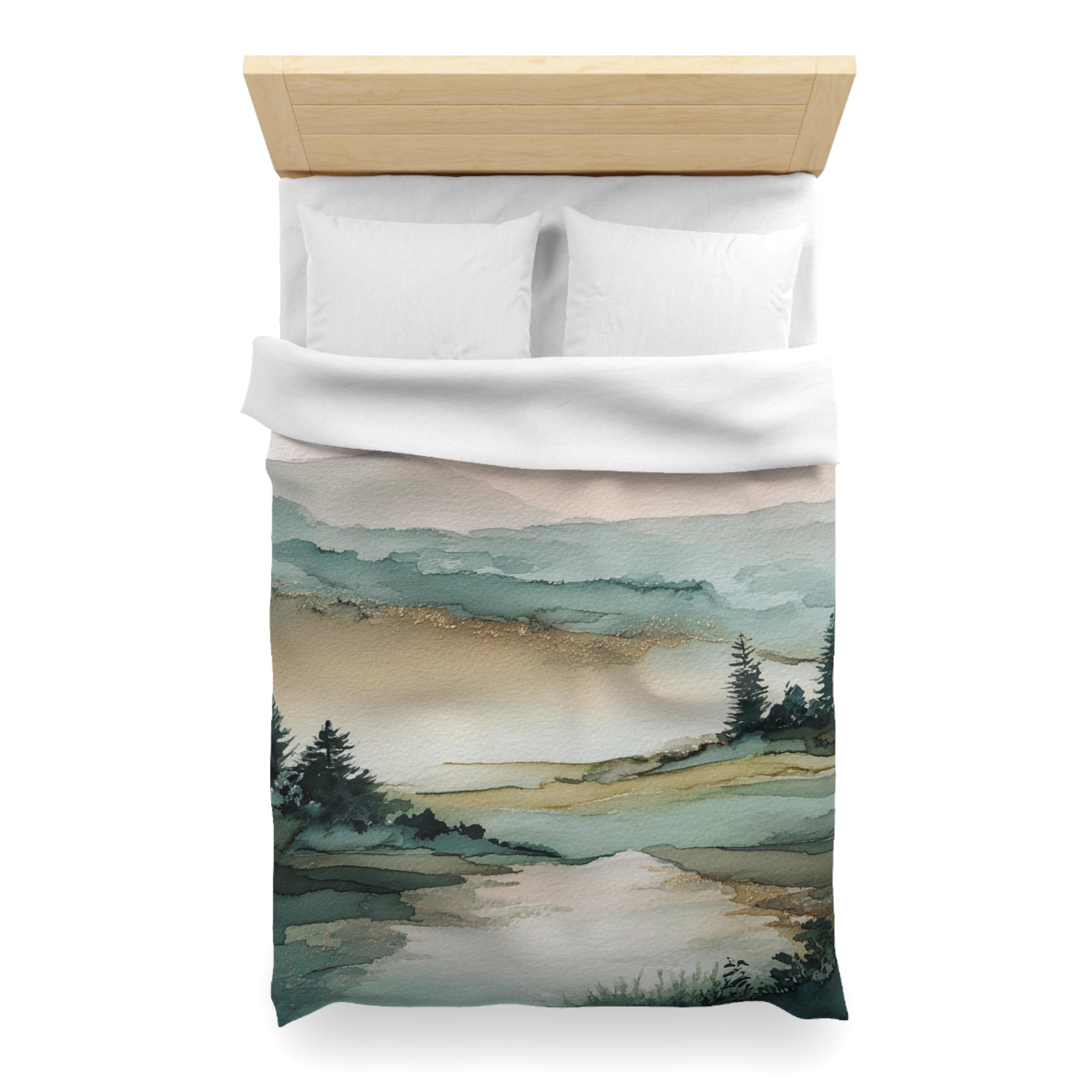 a serene landscape with a river, trees, and mountains in a watercolor painting style.