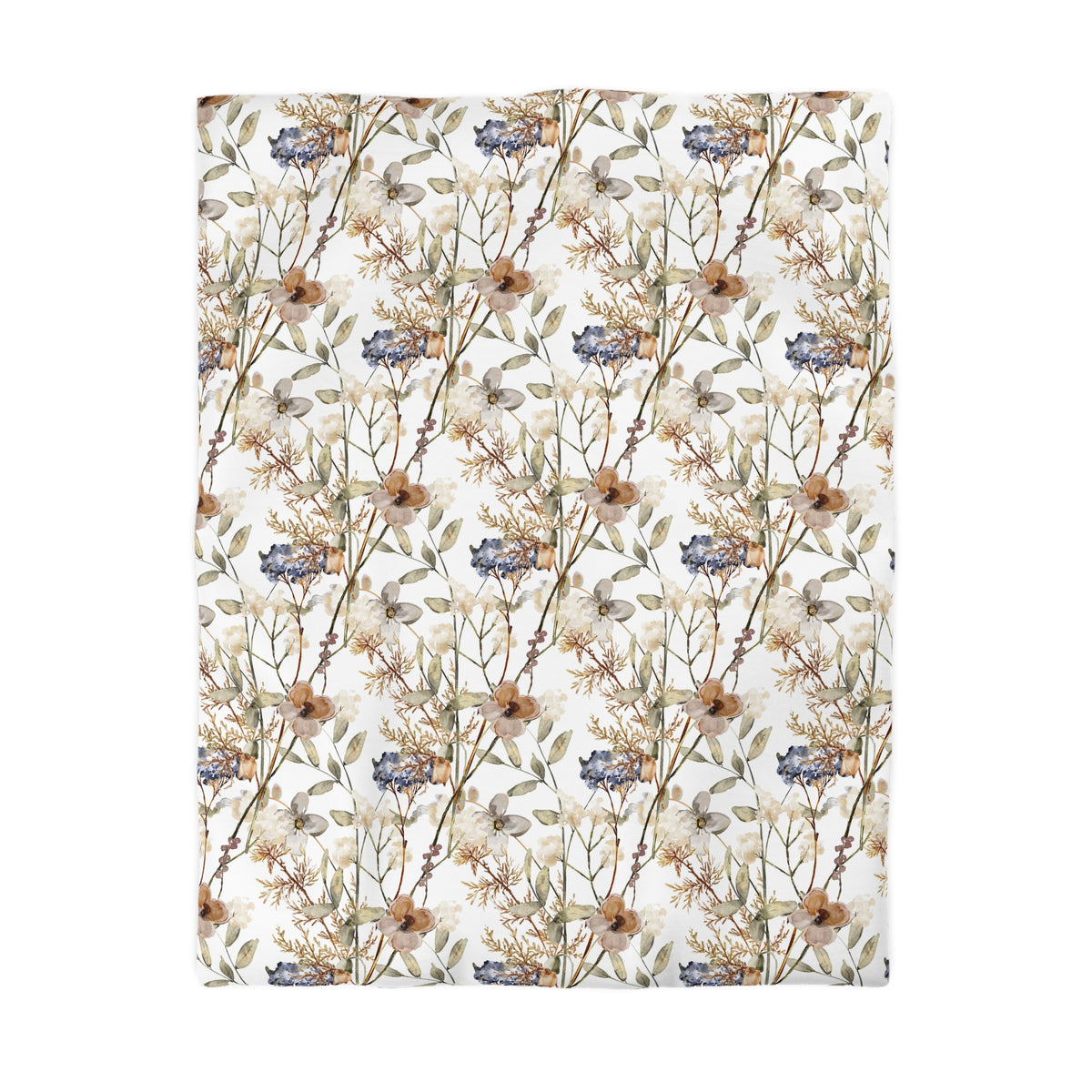 a repeating floral pattern with various shades of brown, white, and blue flowers and leaves.