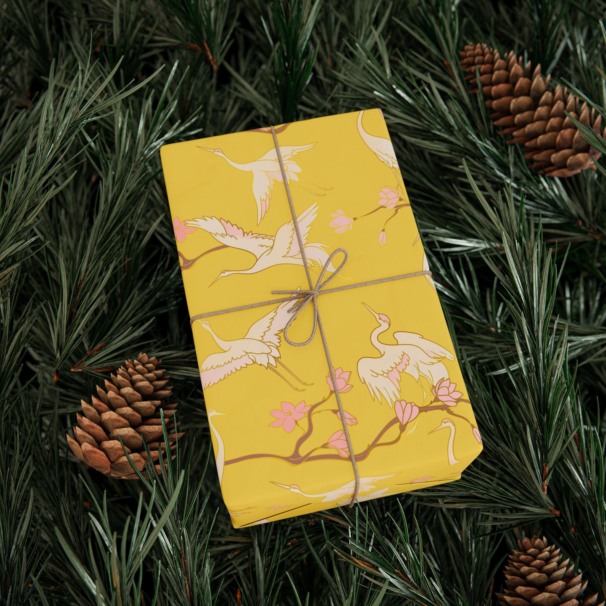 Japanese Yellow Wrapping Paper | Blush Pink Crane Stork Birds