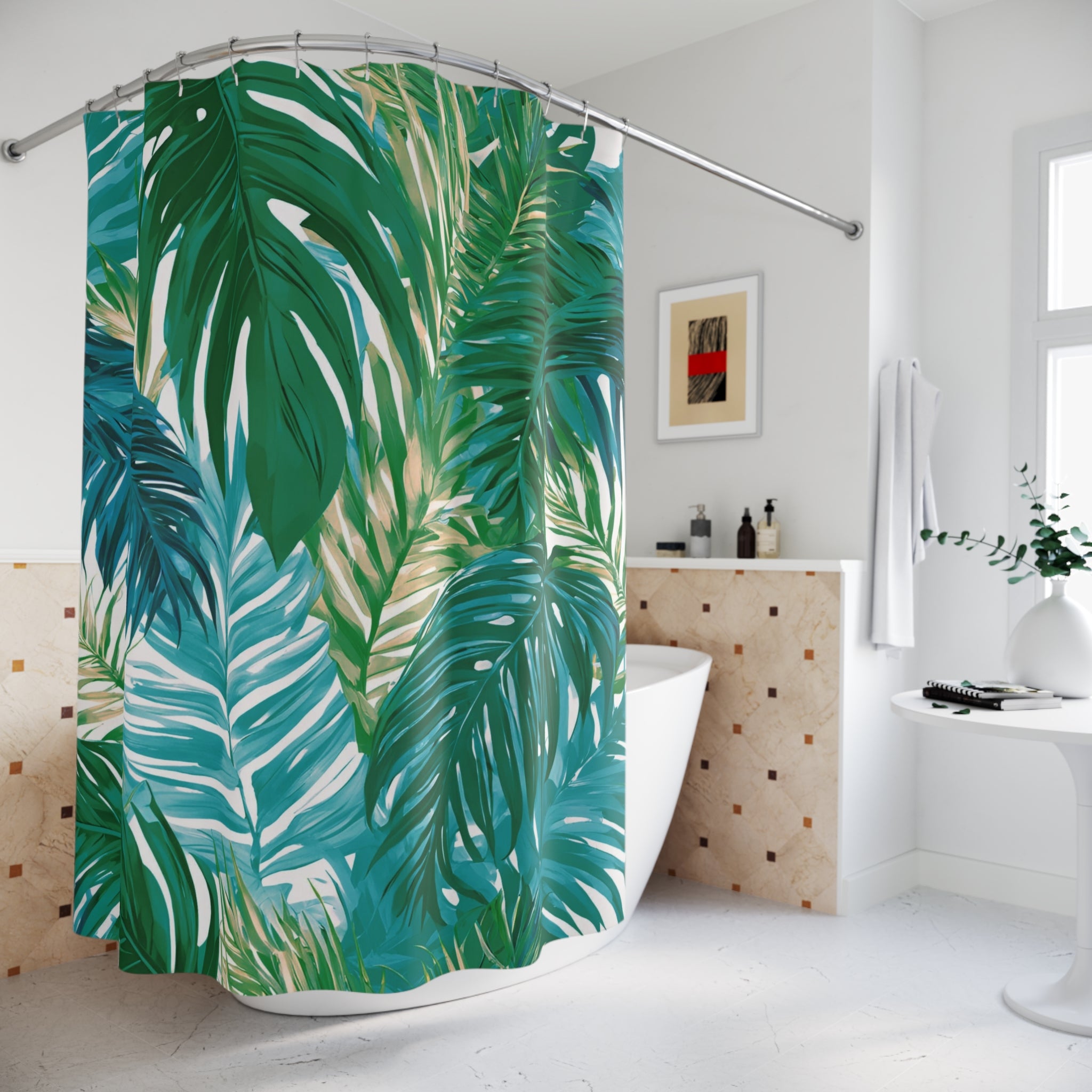 Boho Shower Curtain | Jungle Palm Leaves, Green Blue