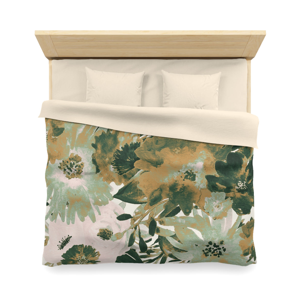 a bed with a floral print duvet cover and pillows.