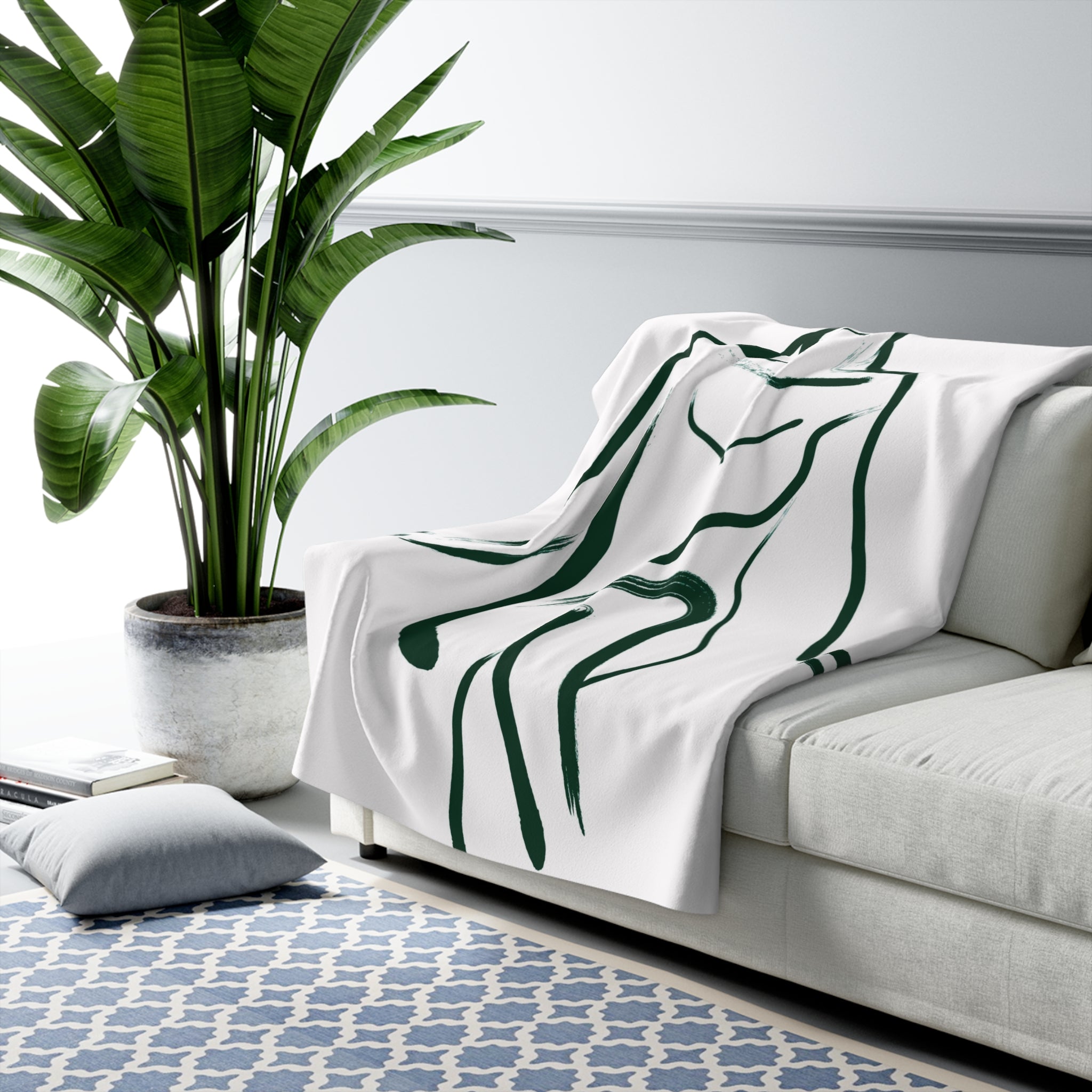 Abstract Boho Couch, Fleece Throw Blanket | White Green Female Silhouette