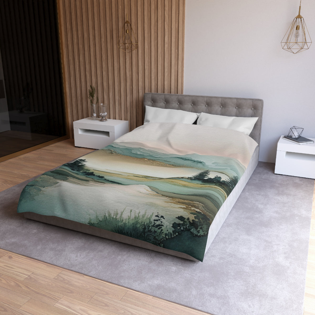 a modern bedroom with a large bed, a nightstand, and a wooden wall. The bed has a green and white landscape print on the comforter, and the room has a neutral color scheme with white walls and a gray carpet.