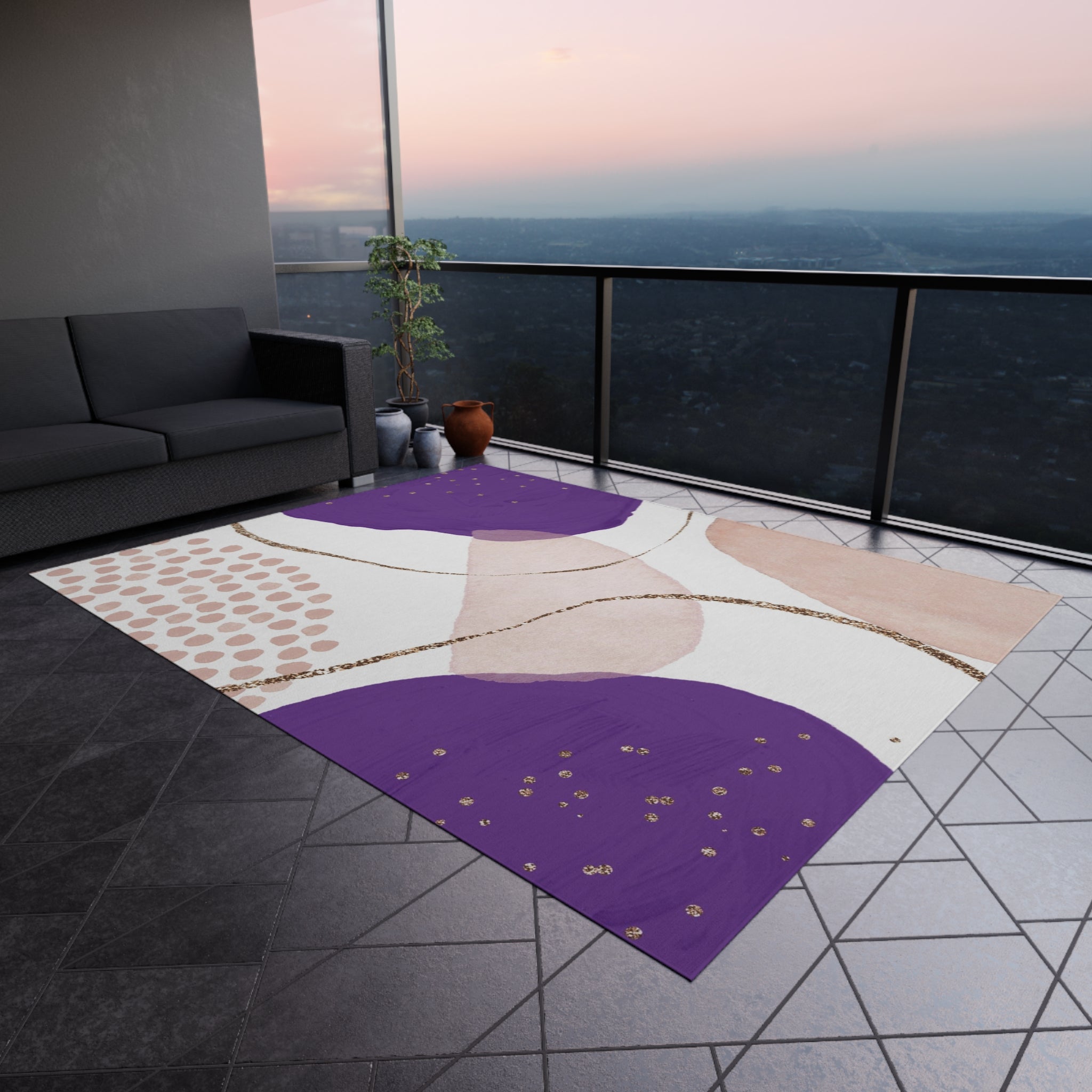 Abstract Large Outdoor Rug | Purple Pink White | Minimalist, Stylish Patio, Porch Floor Mat