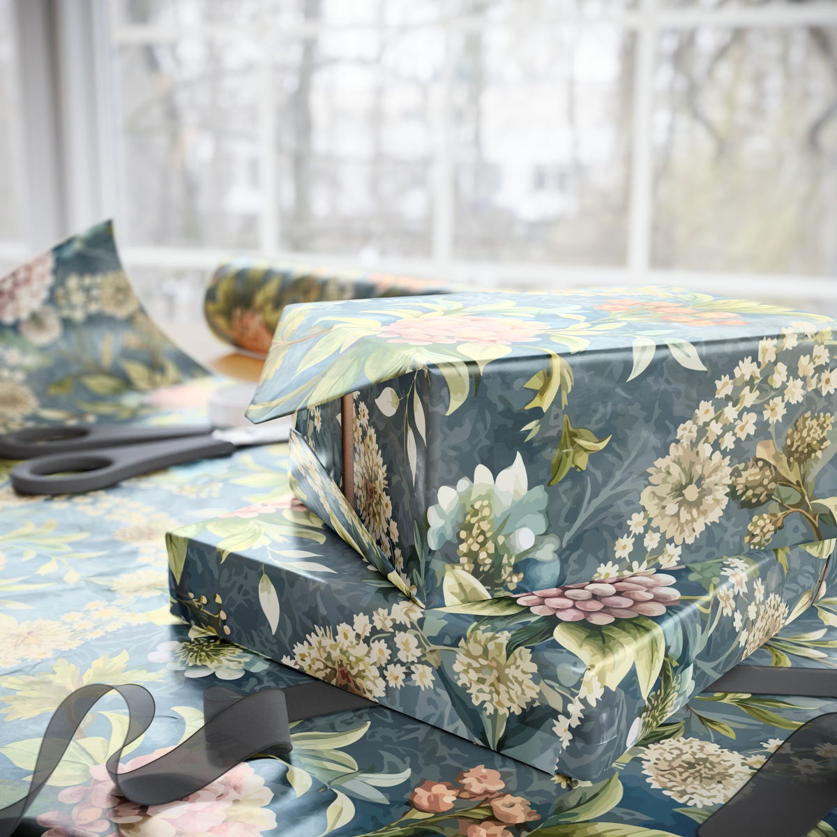 Blue Green Chintz Floral Wreath Wrapping Paper, Gift Wrap
