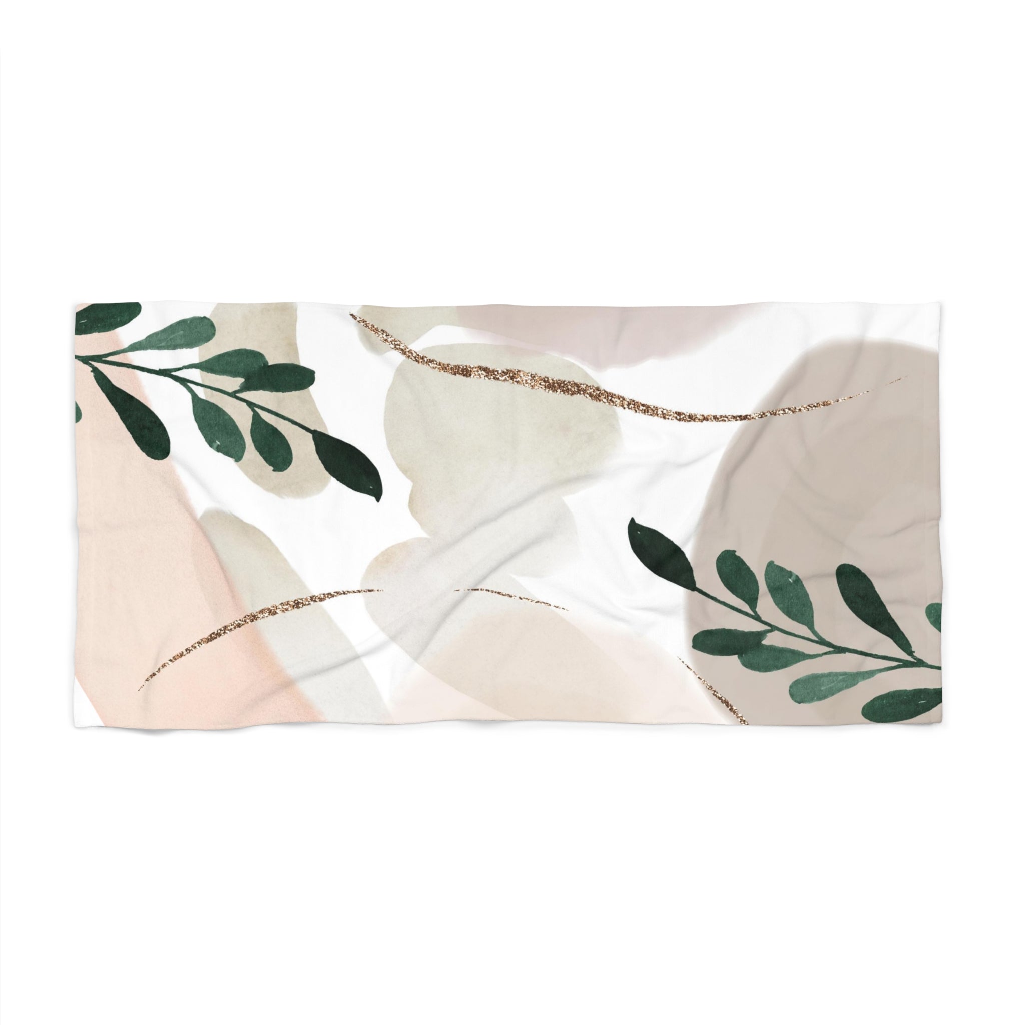 Abstract Boho Bath, Beach Towel | Blush Beige, Green Leaves