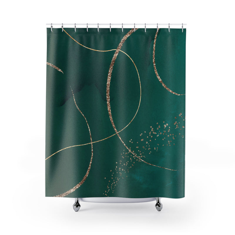 Boho Abstract Shower Curtain | Modern Green, Muted Gold Watercolor