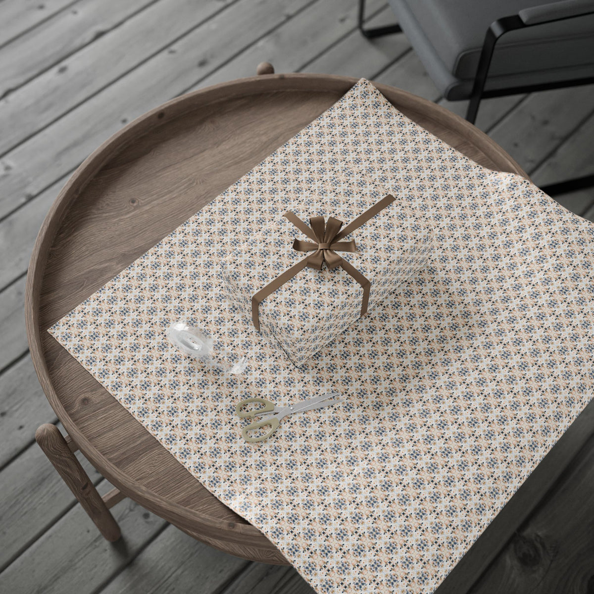 Beige Navy Blue Ikat Wrapping Paper, Watercolor Gift Wrap