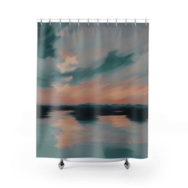 Abstract Shower Curtain | Ocean Sunset, Teal Orange Sky