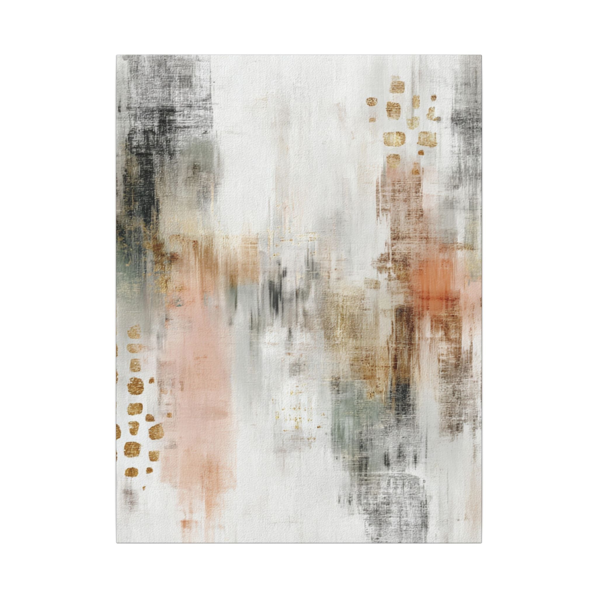 The image is an abstract painting with a textured, layered appearance. The colors used are predominantly white, gray, and orange, with some gold accents. The painting does not contain any discernible objects or specific actions, and it does not depict a scene or represent a photograph. The image is a single, cohesive piece of art.