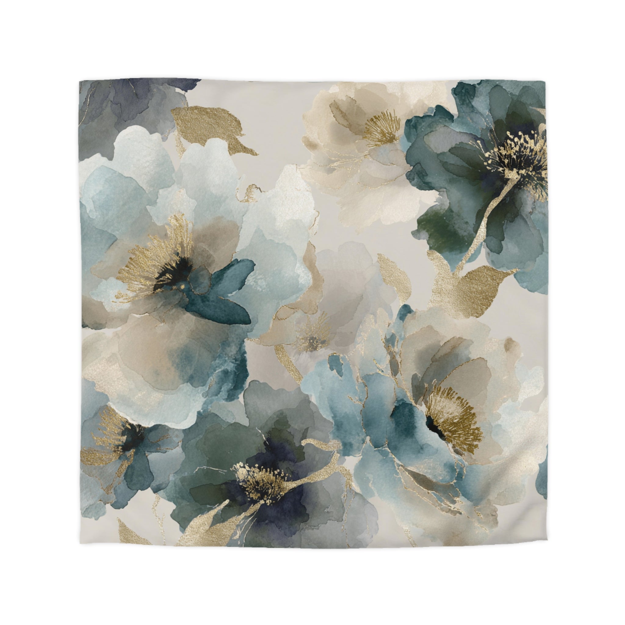 Abstract Floral Duvet Cover, Pillow Sham | Blue Beige Grey Watercolor Bedding