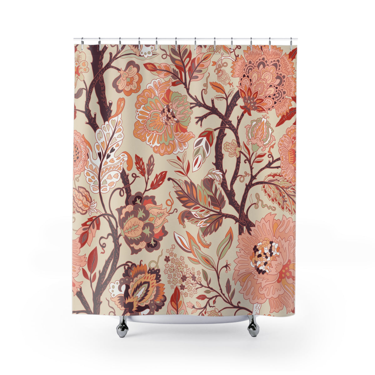 Peach Terracotta Jacobean Floral Shower Curtain, Bath Curtain 71x74