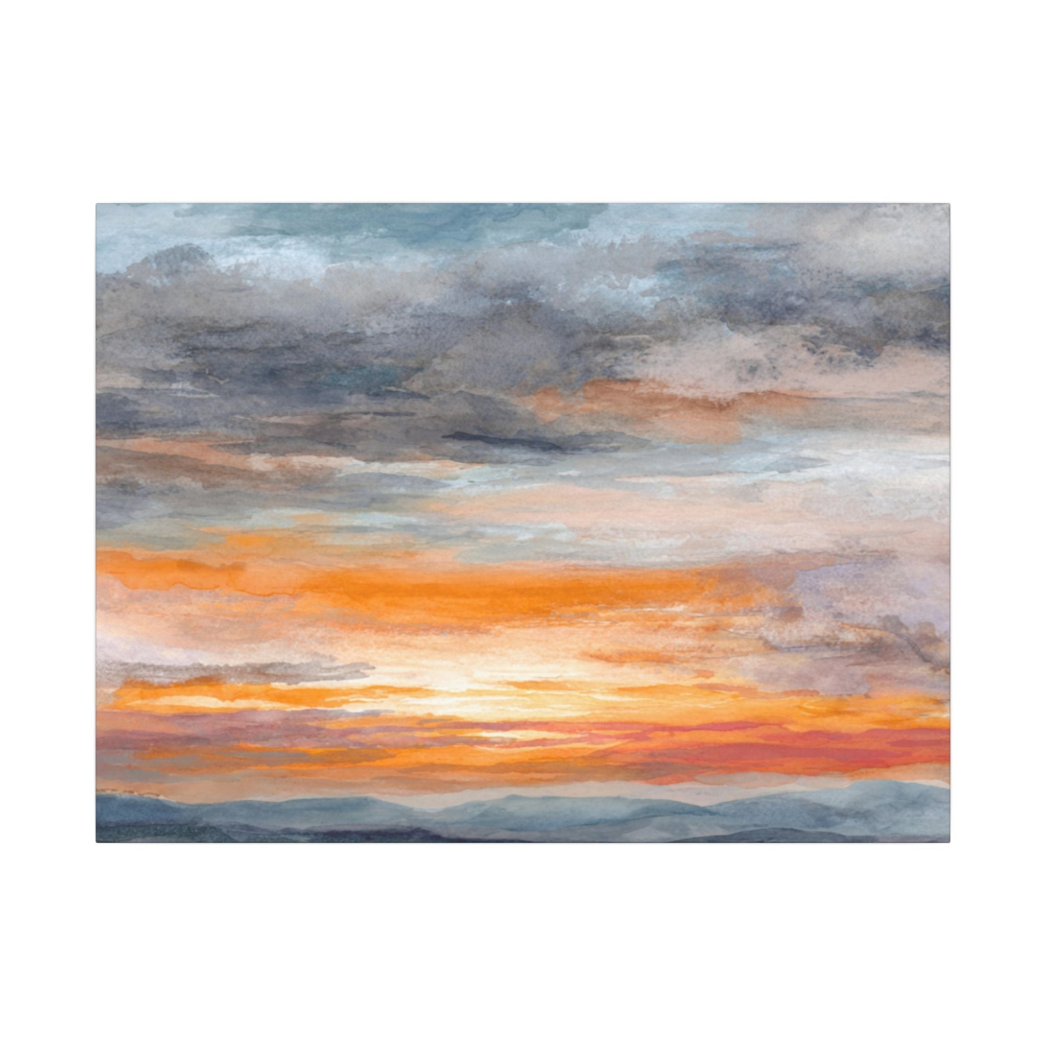 a breathtaking sunset over a mountainous landscape, with vibrant orange and pink hues illuminating the sky and casting a warm glow over the distant mountains.