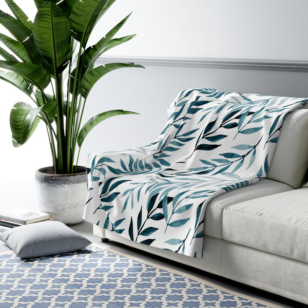 Comfy Accent Blanket | Floral White, Navy Denim Blue Leaves