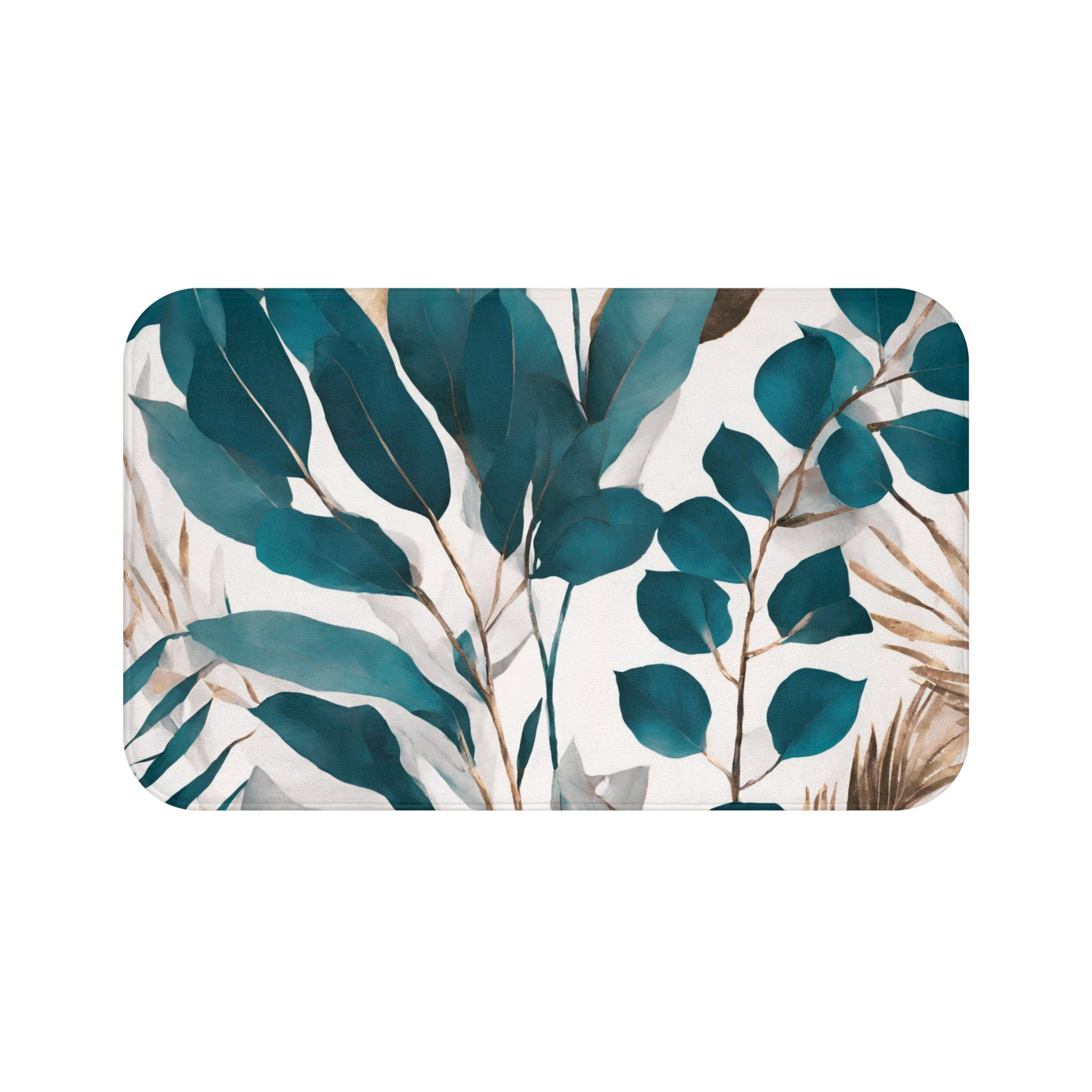 Boho Kitchen, Bath Mat | Floral Teal Green, Bronze Leaves Floor Mat