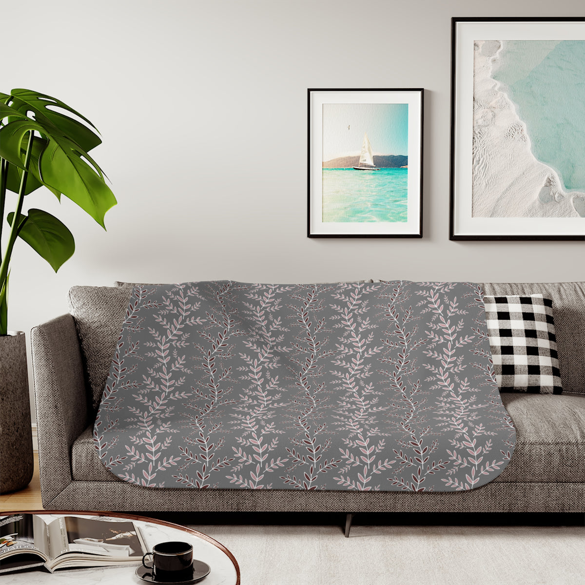 Blush Burgundy Leaf Sprig Sherpa Blanket | Gray Botanical Throw