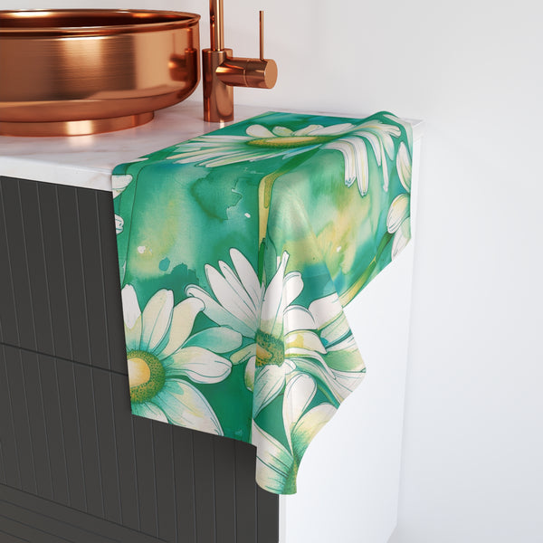 Kitchen, Bath Hand Towel | Teal Sage Green, Daisies Towel