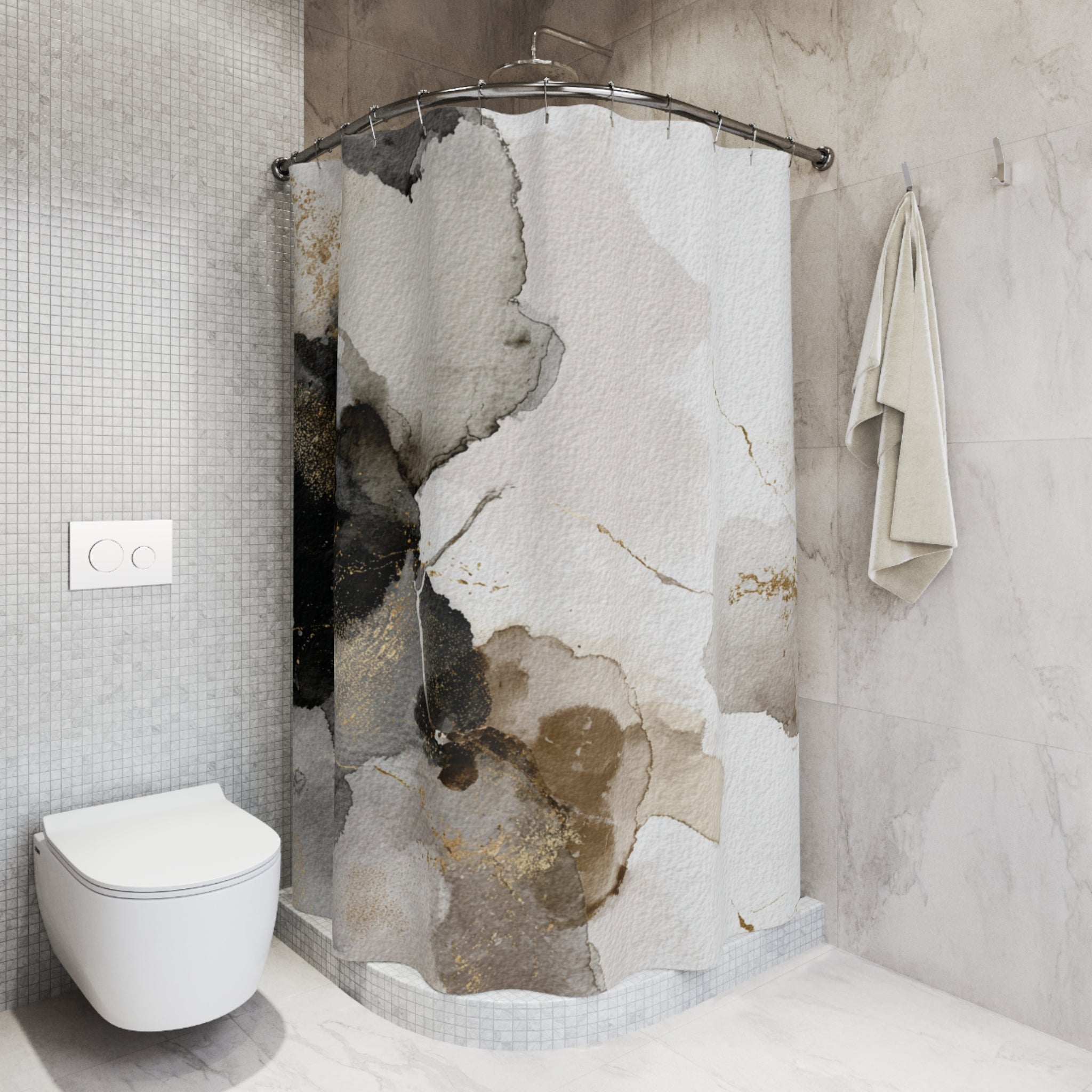 a modern bathroom with a white toilet, a shower curtain with a floral pattern, and a towel hanging on a rack.