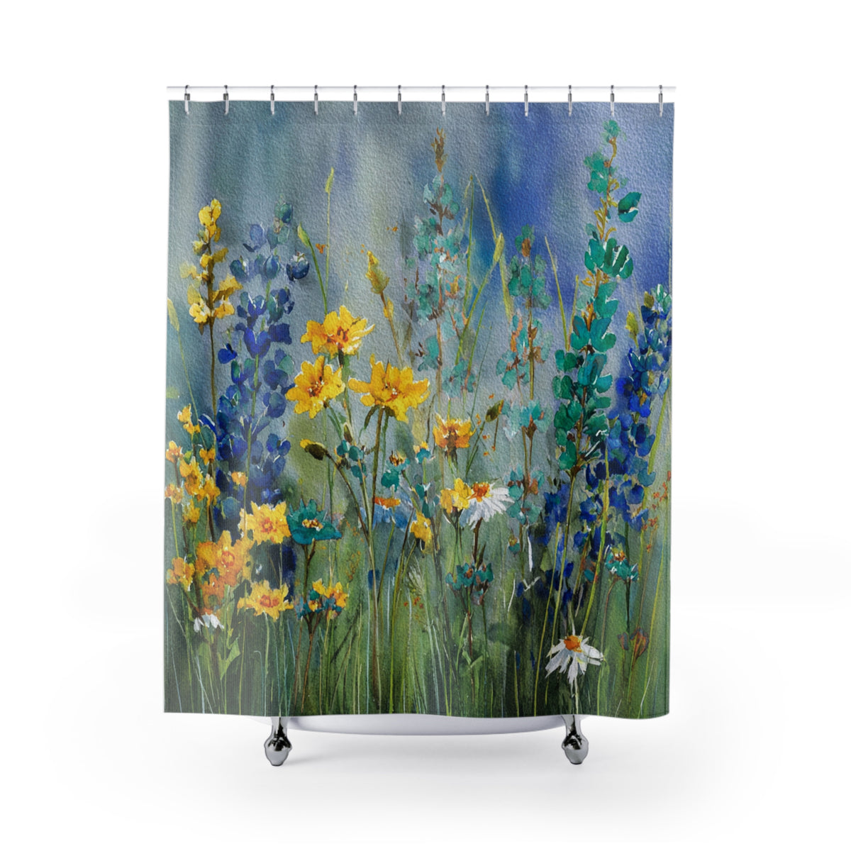 a vibrant and colorful painting of a field of flowers, with a variety of yellow, blue, and white flowers.
