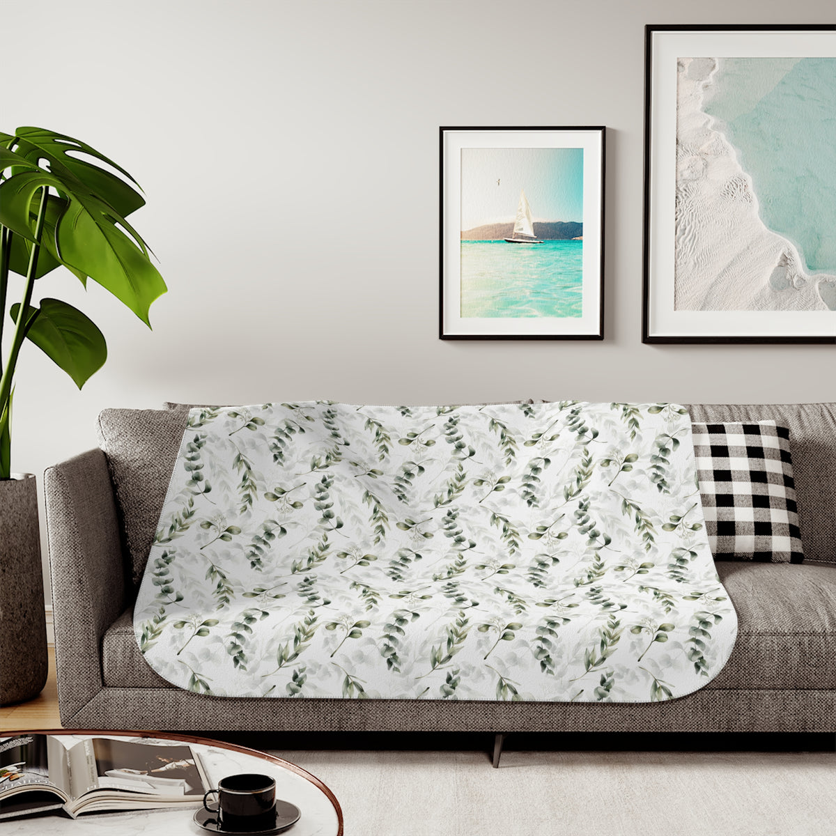 Sage Green Eucalyptus Branch Sherpa Blanket | Botanical Greenery Throw