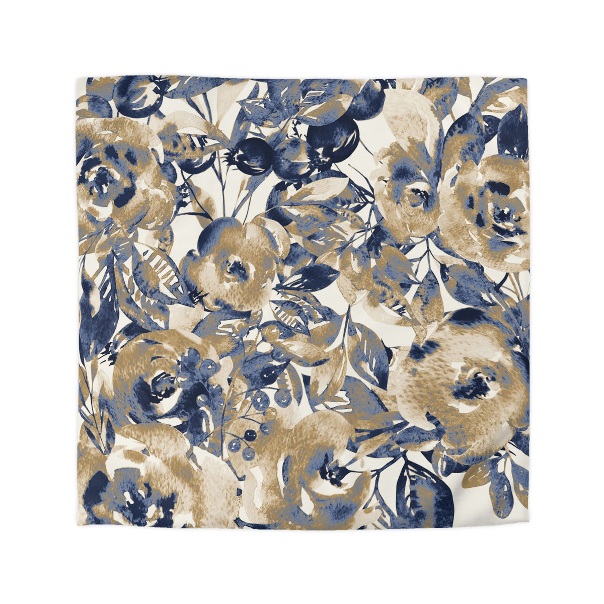 a floral pattern with blue and brown colors, including roses and leaves. The pattern is intricate and detailed, showcasing the beauty of the flowers and leaves.