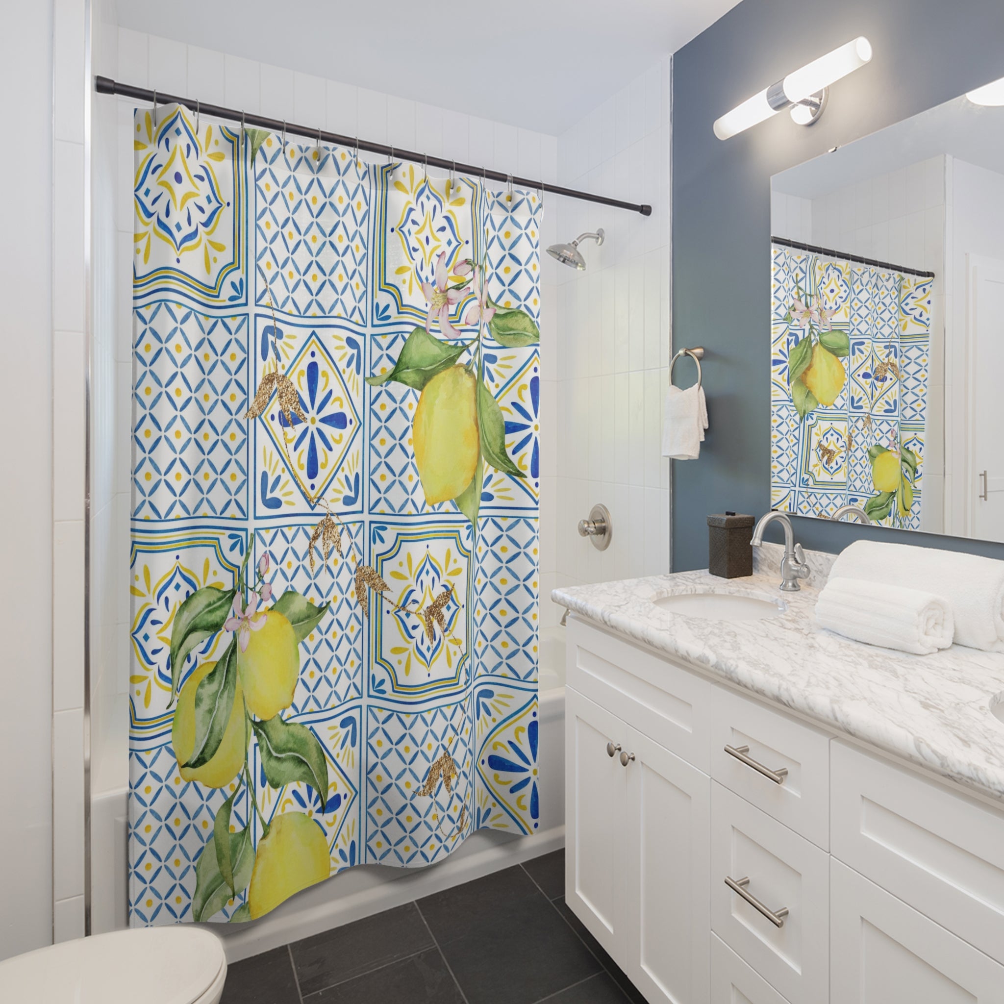 Lemon Shower Curtain | Amalfi Coast Tiles, Blue Yellow Citrus Decor