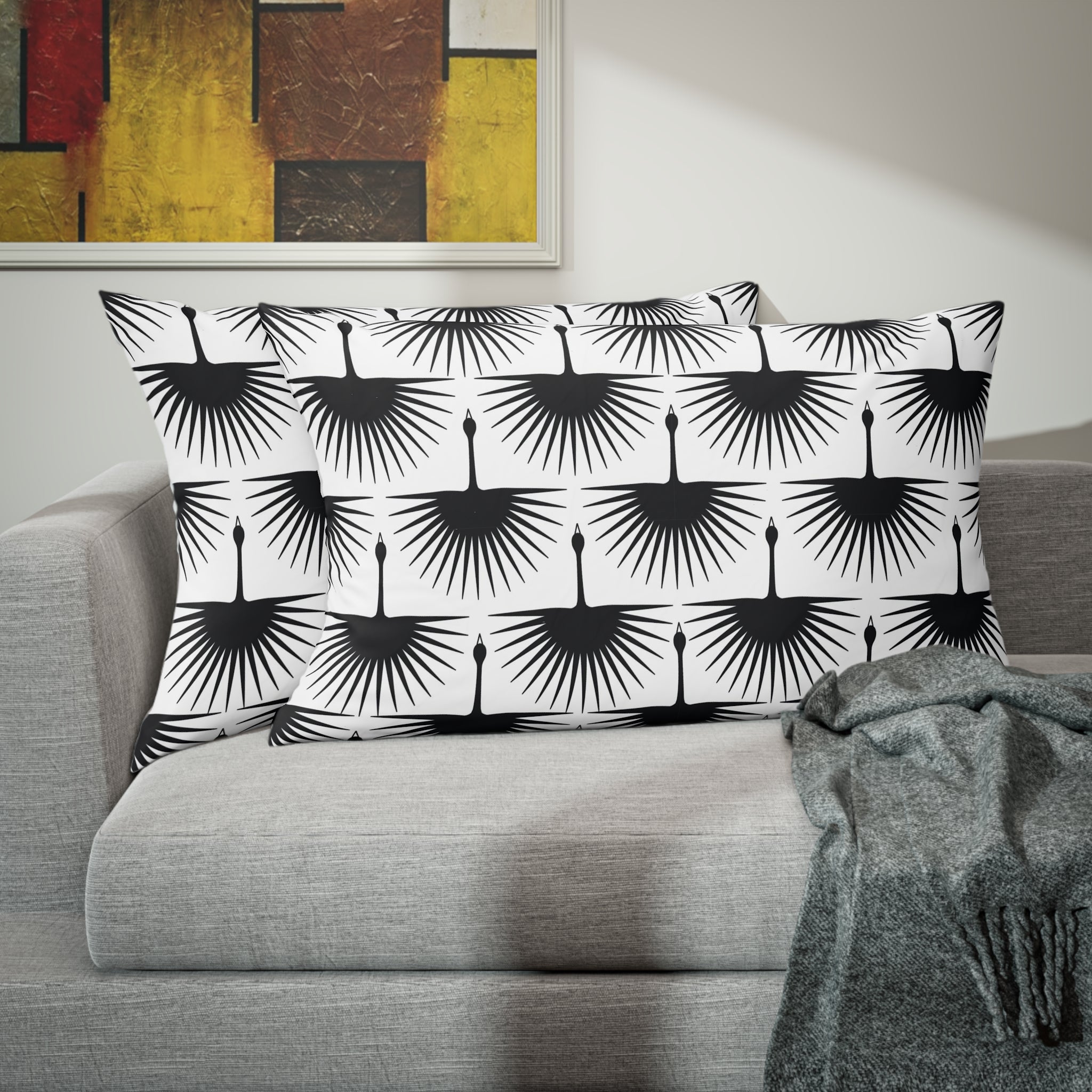 Boho Bedding Pillow Sham | Black White Crane Birds